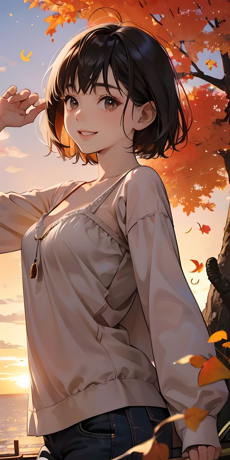 realisticlying、10 years old female child、Outdoor Fashion、Gingko tree、Beautiful autumn leaves、Slightly larger breasts with an emphasis on cleavage、Versatile sexy poses、The sky turns red at sunset、Face smile