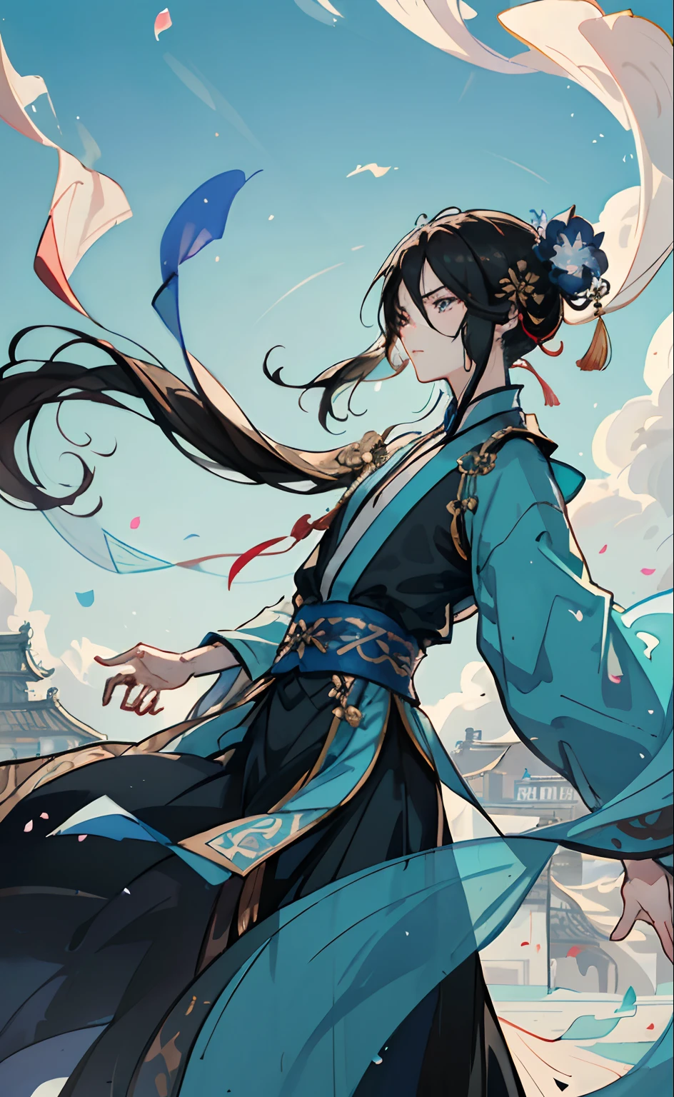 Mature boy, turquoise eyes, black hair color, floating hair, delicate and flexible eyes,perfect hands, intricate damask hanfu, side view, fov, f/1.8, masterpiece, ancient Chinese architecture, blue sky, flower petals flying, front portrait shot, Chang'e, side lighting, sunlight on people, 8K