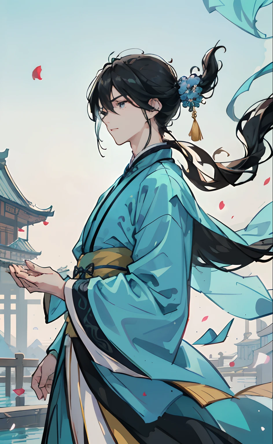 Mature boy, turquoise eyes, black hair color, floating hair, delicate and flexible eyes,perfect hands, intricate damask hanfu, side view, fov, f/1.8, masterpiece, ancient Chinese architecture, blue sky, flower petals flying, front portrait shot, Chang'e, side lighting, sunlight on people, 8K
