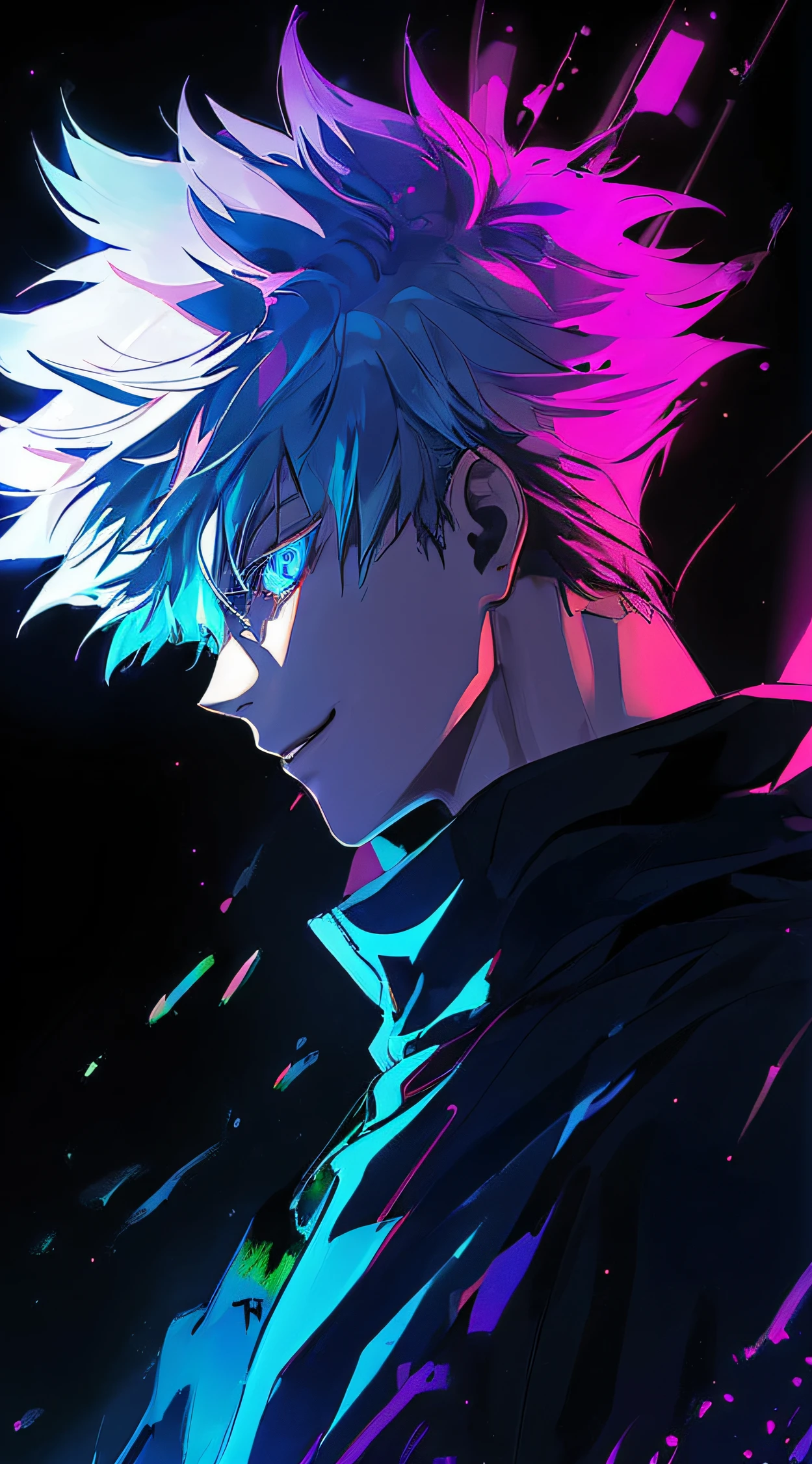 boy, neon background , onfient grin,d blue eyesc