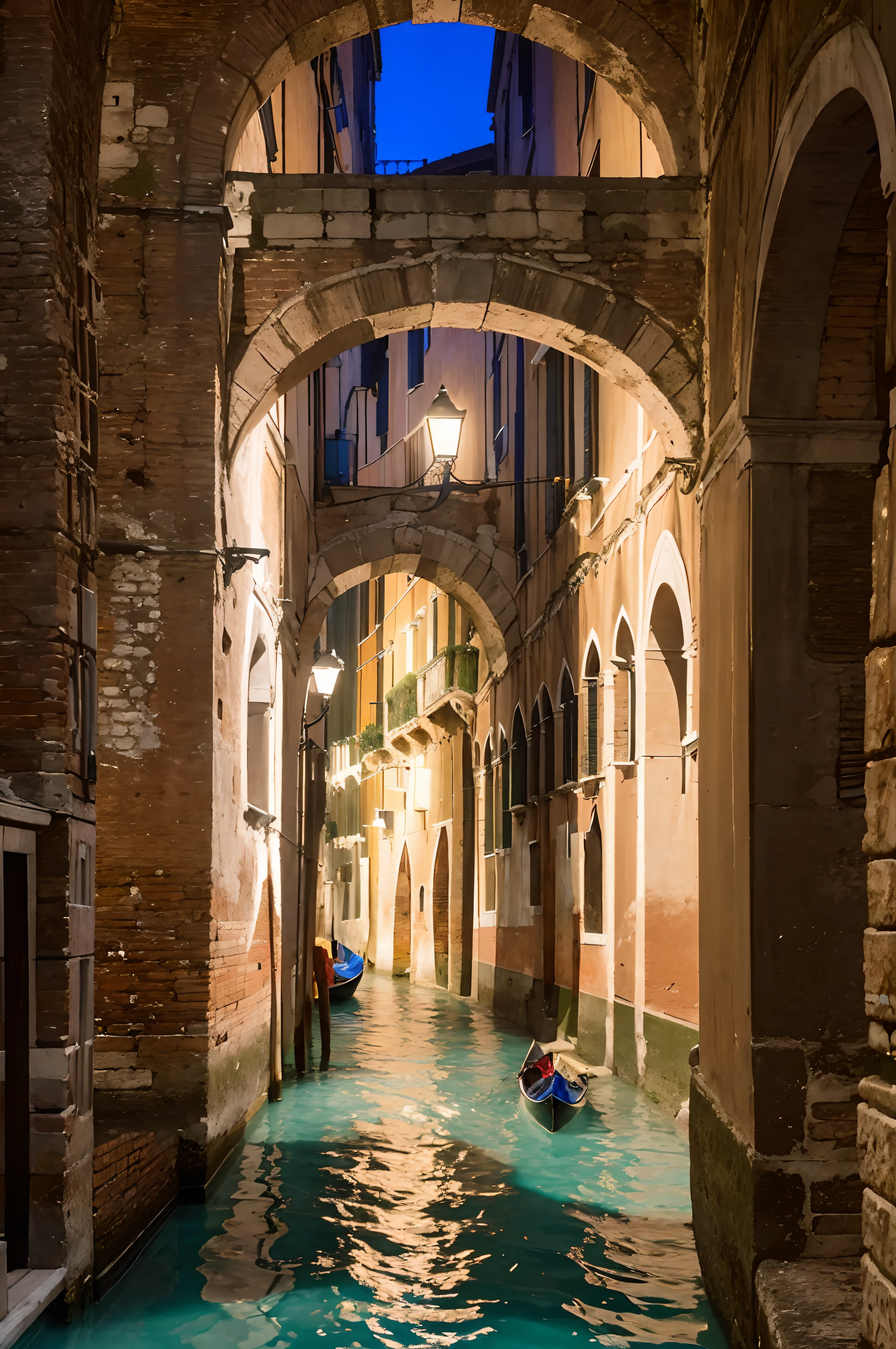 a venetian water canal with a gondola in the distance