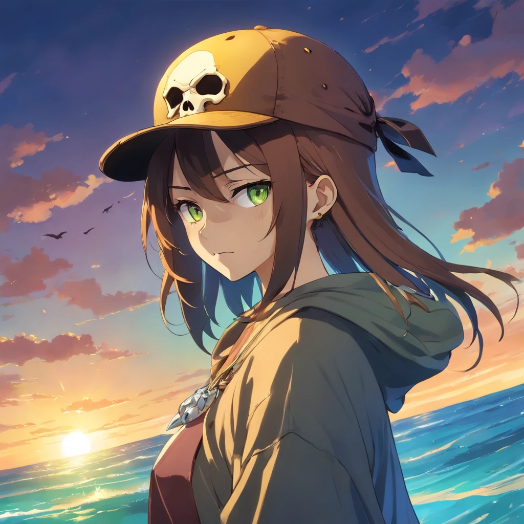 skull mask, PFP image, skull pirate, pirate hat, background with the sea, vibrant colors, golden accessories, glowing eyes (blue, brown, black, green), vibrant body and face colors (black, white, yellow, brown, gold), skull face with many tattoos, centralized character, looking forward with an evil face.