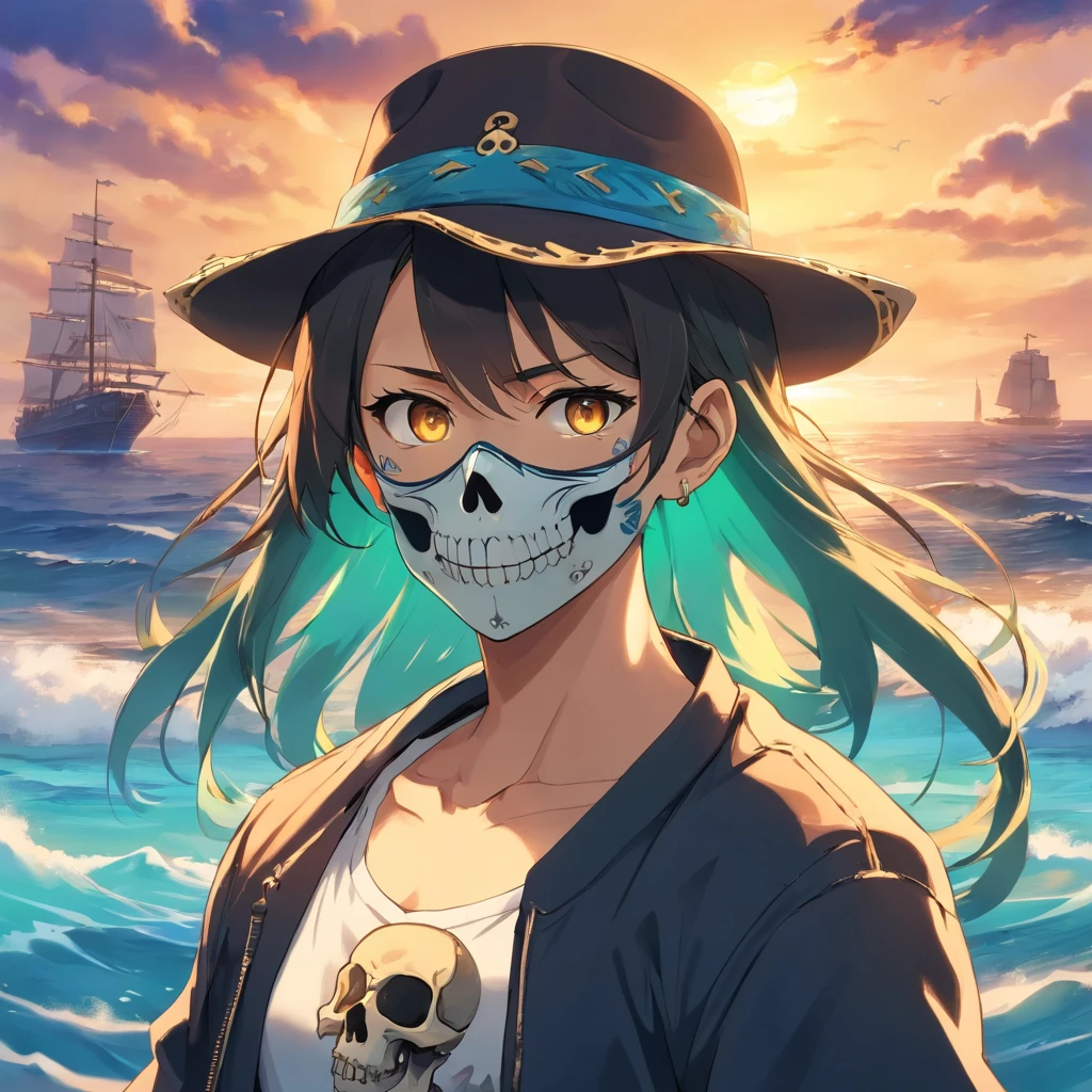 skull mask, PFP image, skull pirate, pirate hat, background with the sea, vibrant colors, golden accessories, glowing eyes (blue, brown, black, green), vibrant body and face colors (black, white, yellow, brown, gold), skull face with many tattoos, centralized character, looking forward with an evil face.