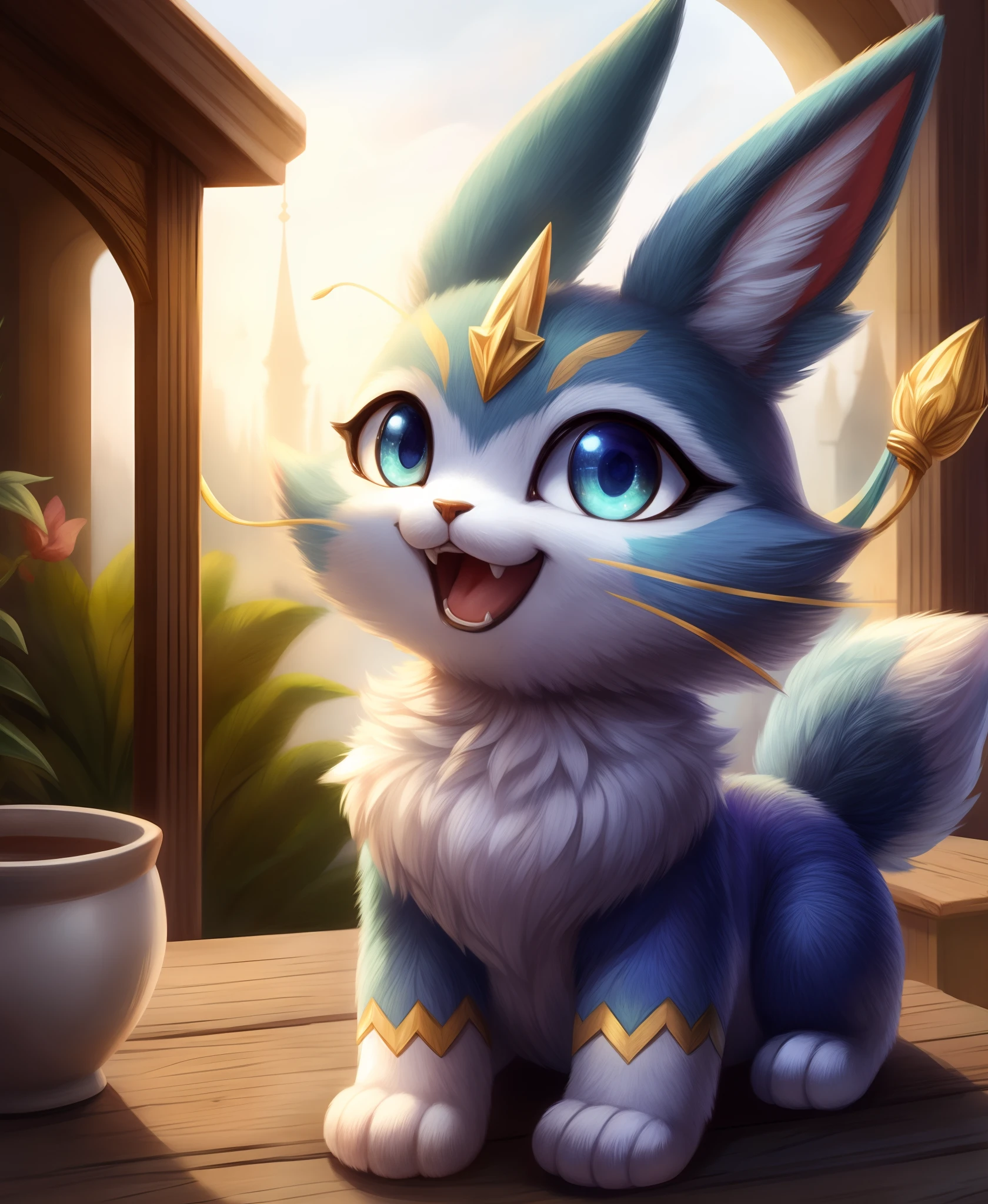 yuumi furry, detailed and extremely fluffy body fur, masterpiece, detailed background, happy,