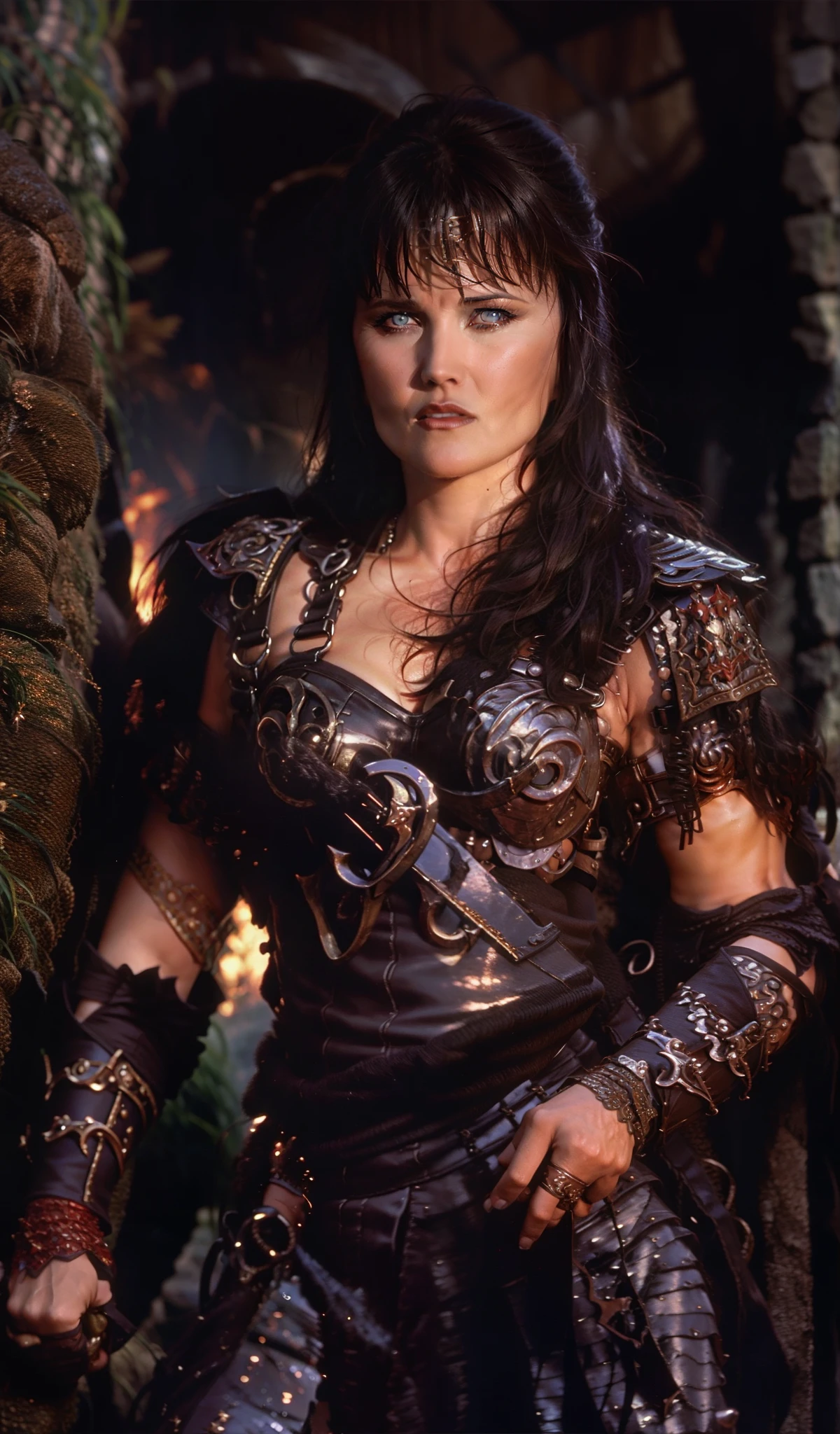 "(Lucy Lawless as Xena, Warrior Princess, UHD, dark fantasy)"