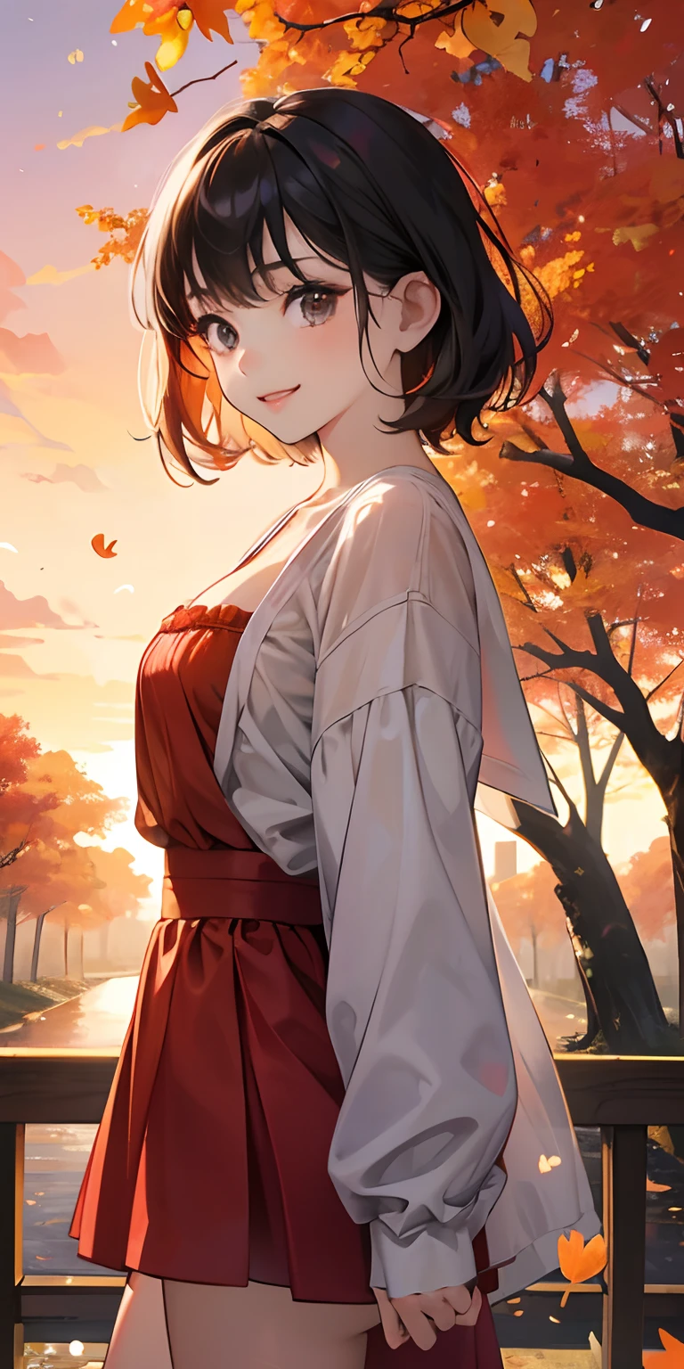 realisticlying、10 years old female child、Outdoor Fashion、Gingko tree、Beautiful autumn leaves、Slightly larger breasts with an emphasis on cleavage、Sexy Posing、The sky turns red at sunset、Face smile