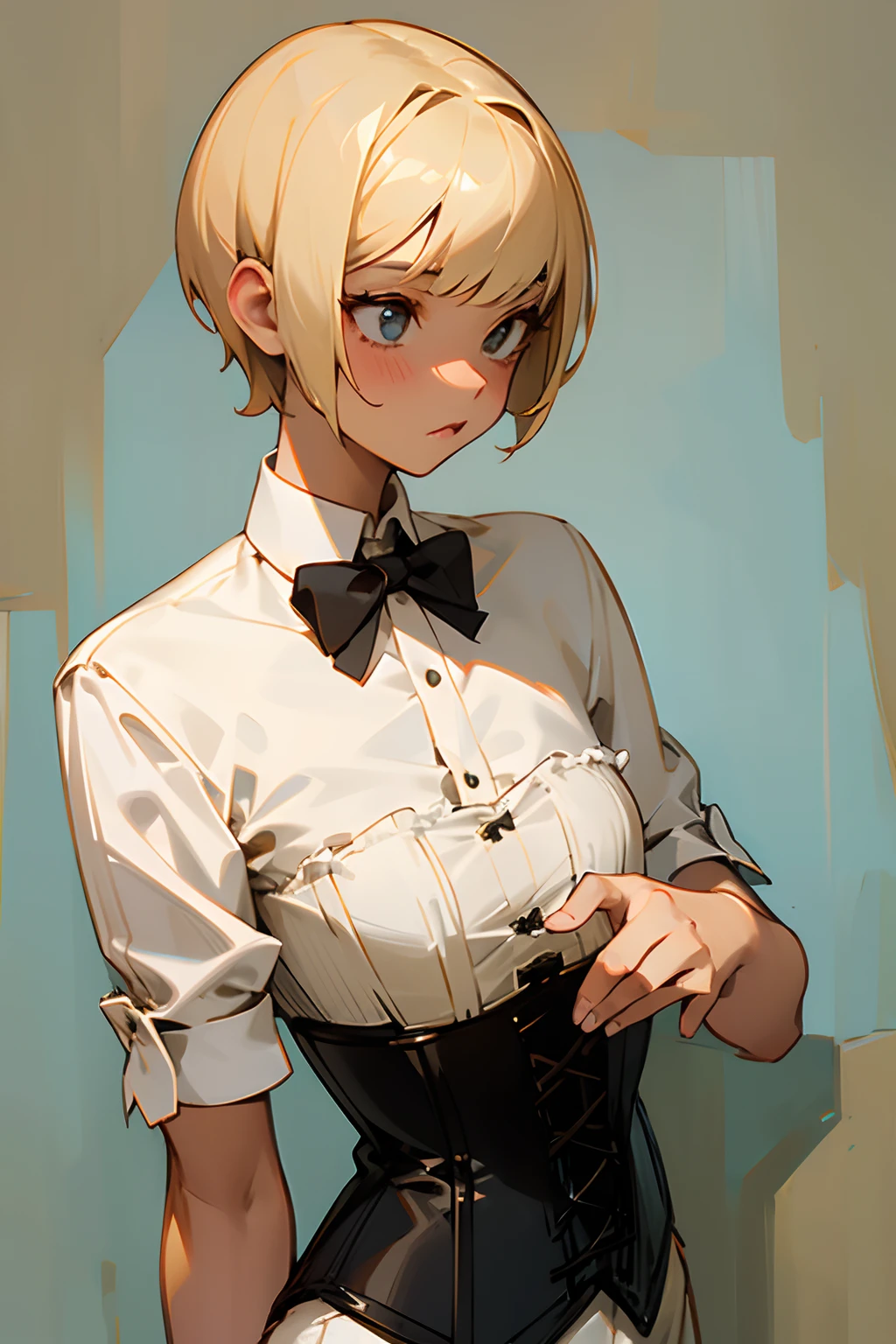 masterpiece, best quality, ultra-detailed, 1 girl, torn clothes, aahayasaka, side ponytail, medium breasts, necklace, collared shirt, black vest, sleeves rolled up, clothes around waist, black skirt, breasts, nipples, visible nipples, navel