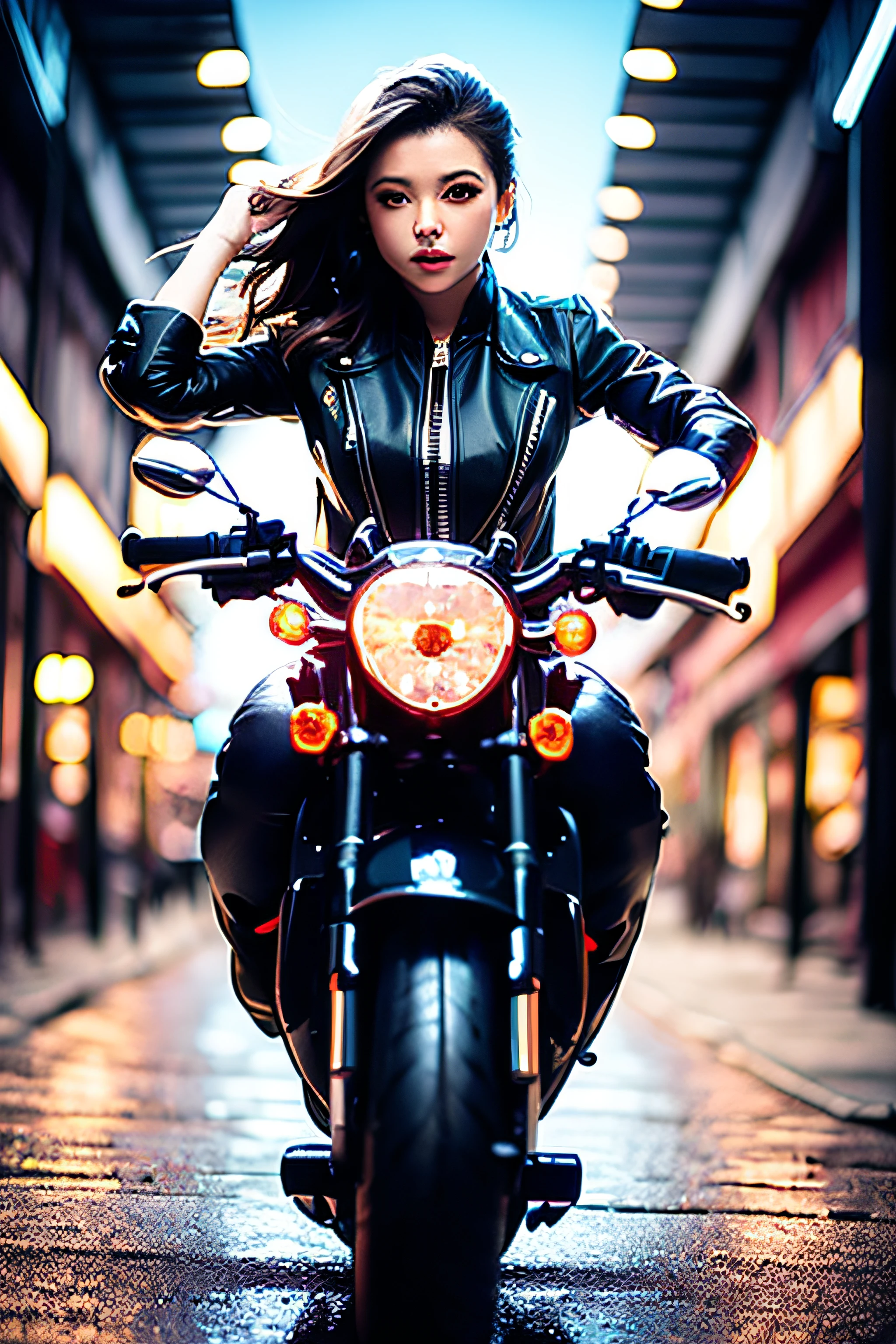 1girl, long wavy black hair, brown eyes, wearing black leather jacket, black leather long pants, black boots, city, riding motorcycle, high res, ultrasharp, 8K, masterpiece, looking at viewer, full body, red headgear, magnificent scene, epic scenes, fire, city ruin