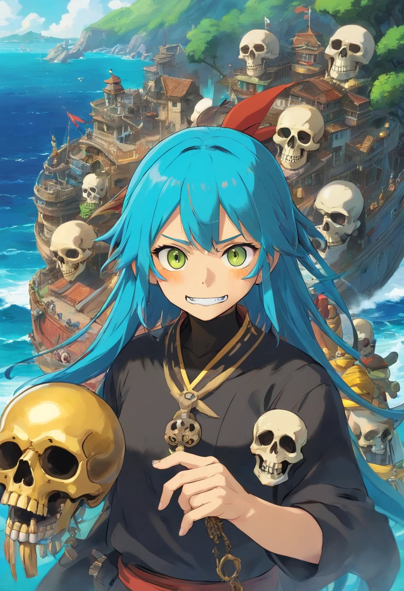 skull mask, PFP image, skull pirate, pirate hat, background with the sea, vibrant colors, golden accessories, glowing eyes (blue, brown, black, green), vibrant body and face colors (black, white, yellow, brown, gold), skull face with many tattoos, centralized character, looking forward with an evil face.