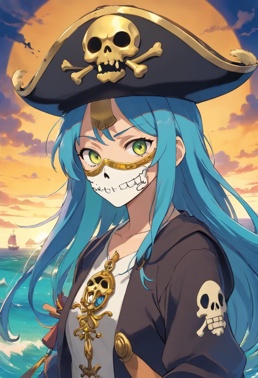 skull mask, PFP image, skull pirate, pirate hat, background with the sea, vibrant colors, golden accessories, glowing eyes (blue, brown, black, green), vibrant body and face colors (black, white, yellow, brown, gold), skull face with many tattoos, centralized character, looking forward with an evil face.