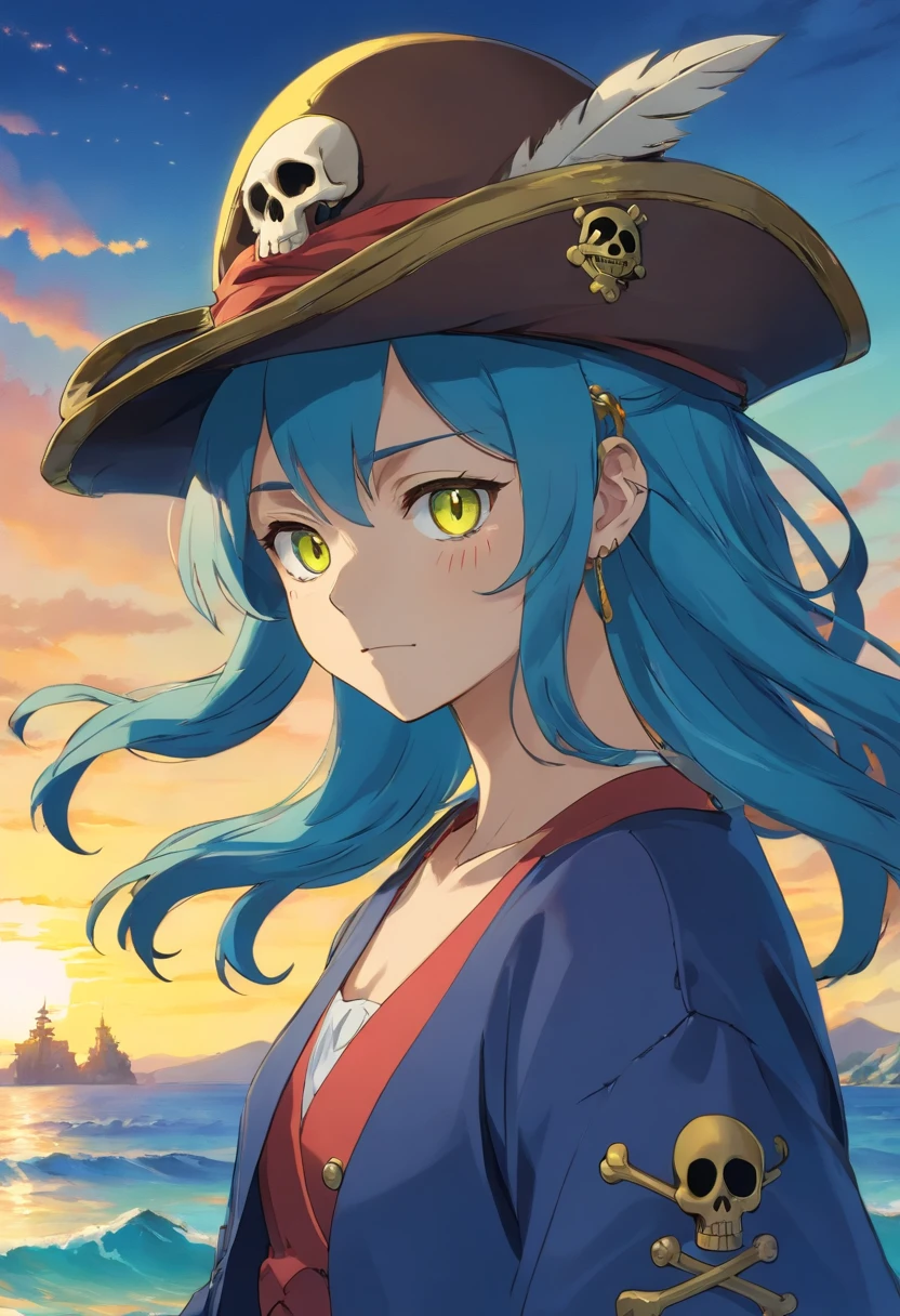 skull mask, PFP image, skull pirate, pirate hat, background with the sea, vibrant colors, golden accessories, glowing eyes (blue, brown, black, green), vibrant body and face colors (black, white, yellow, brown, gold), skull face with many tattoos, centralized character, looking forward with an evil face.