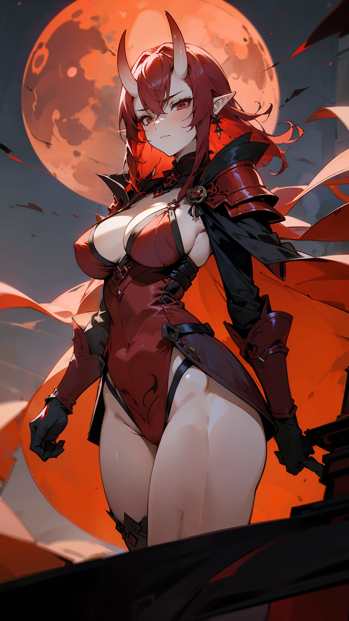 1woman,tall,mature female ,30s,sensual face,black langerie,cleavage,red armor,big tits,red hair,sexy,sexual,big thighs,(oni horns),red eyes,pointy ears,((standing,night,red moon)),cowboy shot