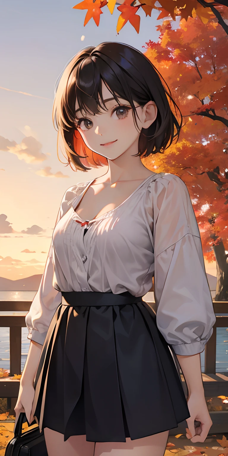 realisticlying、 female child、Outdoohion、Thigh emphasis gingko tree、Beautiful autumn leaves、Slightly larger breasts with an emphasis on cleavage、Versatile sexy poses、The sky turns red at sunset、Face smile