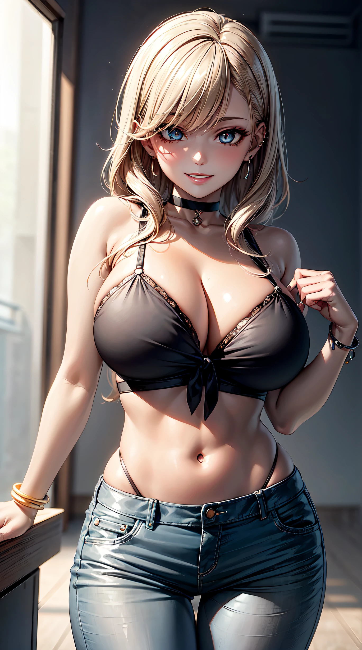 (anime style),masterpiece, best quality, ultra-detailed, glistening shiny, glowing light, ray tracing, HDR, deph of field, (perfect face, detailed face, detailed eyes),(big boobs:1.2),8k,HD,ultra realistic face,ray tracing,perfect lighting,best quality, ultra-detailed, shiny eyes, (looking at viewer,sensual smile kiss:1.1), ((1girl)), (gyaru, mature female:1.4),hourglass_body shape, marin,long hair,((gray gradient hair)),multicolored eyes, gradient eyes, (glowing eyes:1.1), (fashion make up), parted lips, short pants, short shirt, jewelry, pleated pants, earrings, necktie, choker, grin, bracelet, plaid,black choker, plaid pants, piercing, ear piercing, bright pupils,tied shirt, bead bracelet,white background