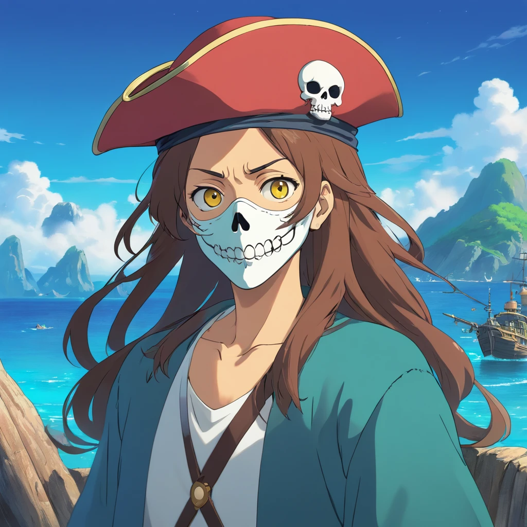 skull mask, PFP image, skull pirate, pirate hat, background with the sea, vibrant colors, golden accessories, glowing eyes (blue, brown, black, green), vibrant body and face colors (black, white, yellow, brown, gold), skull face with many tattoos, centralized character, looking forward with an evil face.