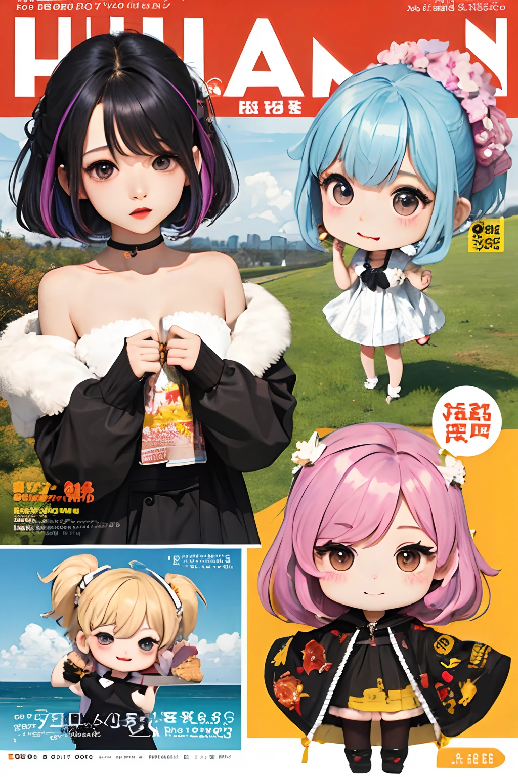 masterpiece、top-quality、ultra-detailliert、(Chibi Chara:1.2)Autumn clothes、colourful hair、plein air、Magazine covers、anan character、 The upper part of the body
