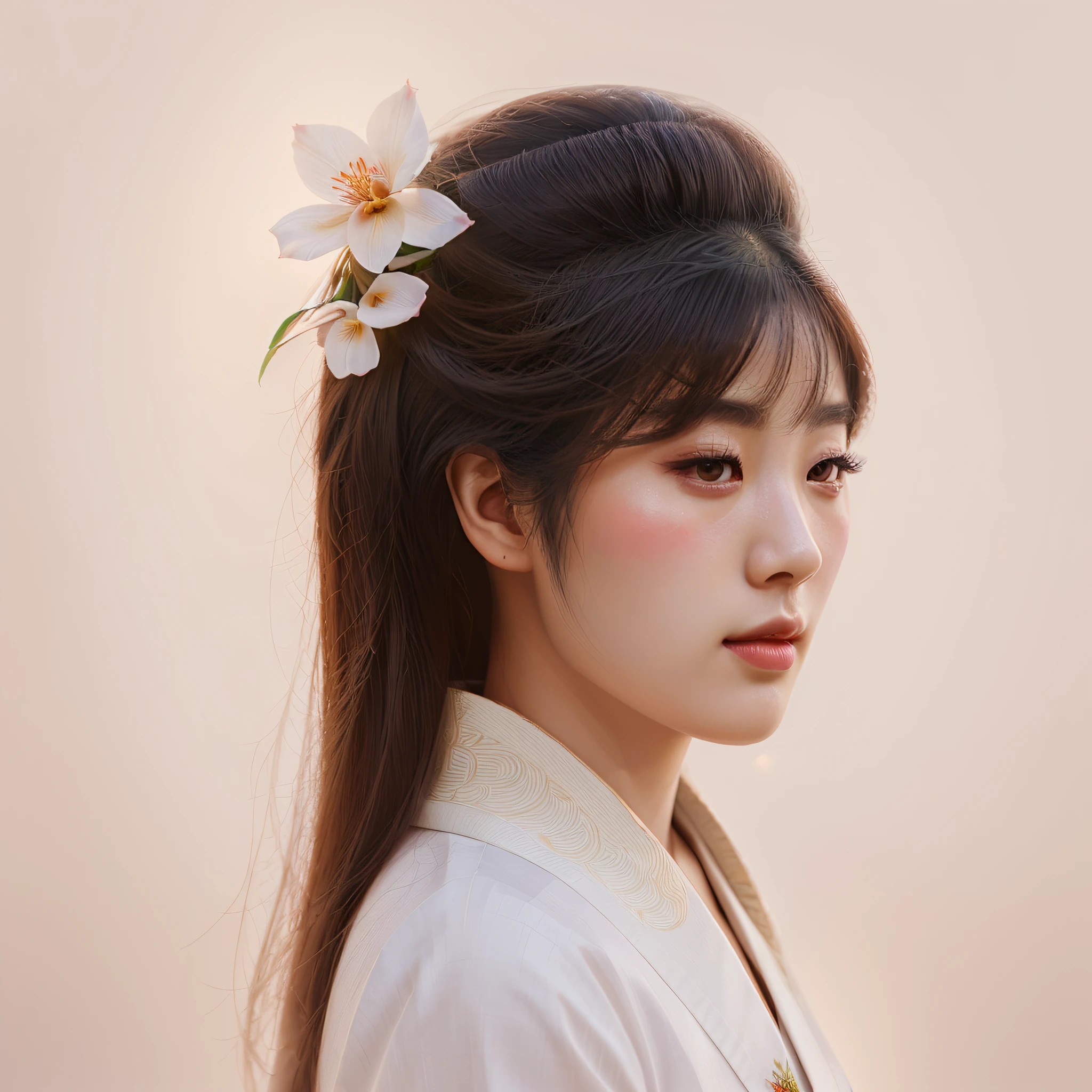 there is a woman with a flower in her hair, portrait of female korean idol, a beautiful artwork illustration, korean woman, elegant japanese woman, beautiful digital artwork, elegant digital painting, inspired by Yun Du-seo, portrait of a beautiful geisha, exquisite digital illustration, gorgeous digital painting, beautiful character painting, artwork in the style of guweiz.