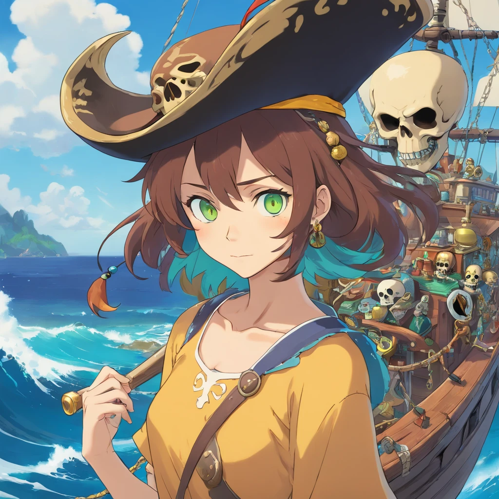 skull mask, PFP image, skull pirate, pirate hat, background with the sea, vibrant colors, golden accessories, glowing eyes (blue, brown, black, green), vibrant body and face colors (black, white, yellow, brown, gold), skull face with many tattoos, centralized character, looking forward with an evil face.
