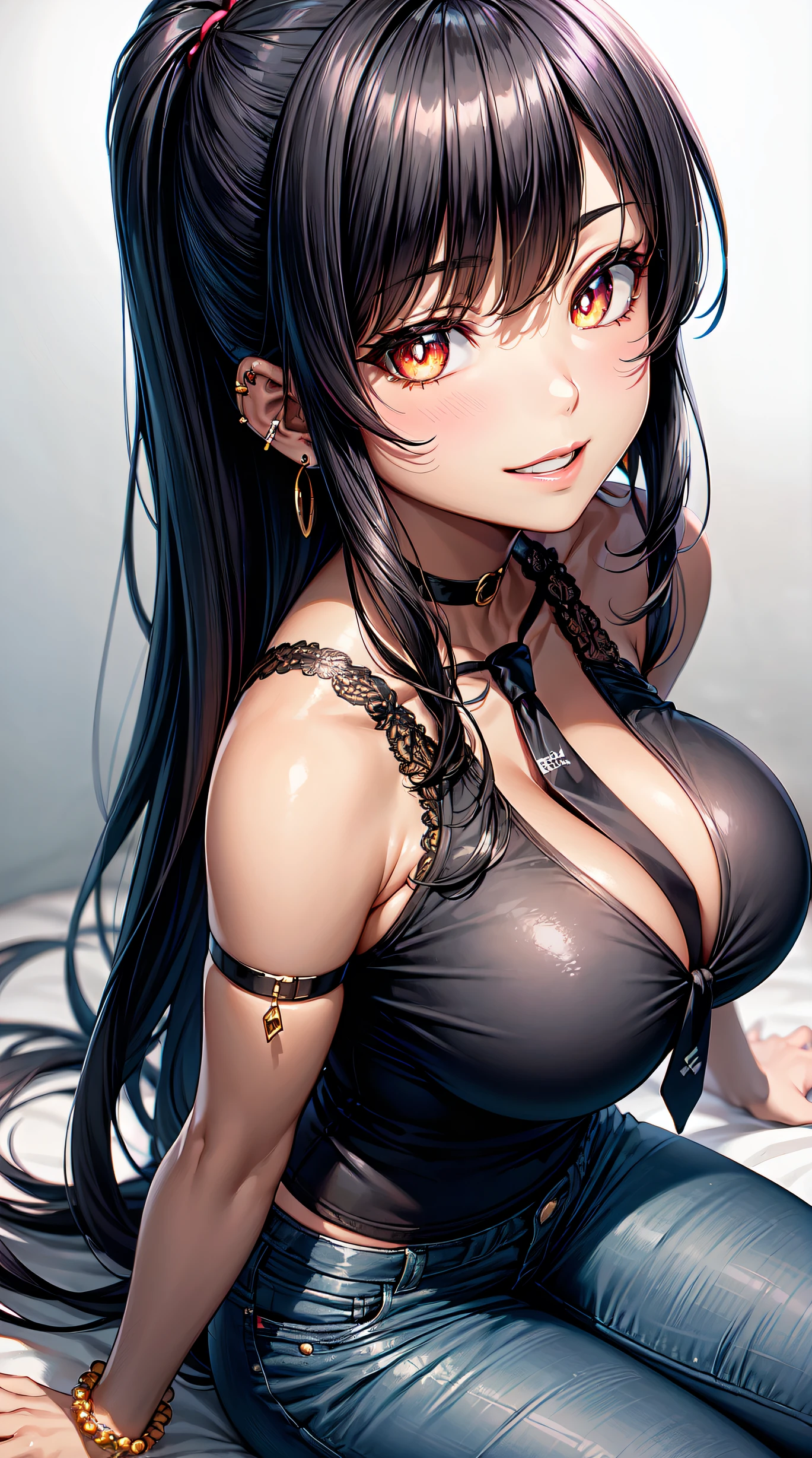 (anime style),masterpiece, best quality, ultra-detailed, glistening shiny, glowing light, ray tracing, HDR, deph of field, (perfect face, detailed face, detailed eyes),(big boobs:1.2),8k,HD,ultra realistic face,ray tracing,perfect lighting,best quality, ultra-detailed, shiny eyes, (looking at viewer,sensual smile kiss:1.1), ((1girl)), (gyaru, mature female:1.4),hourglass_body shape, marin,long hair,((black gradient hair)),red eyes, gradient eyes, (glowing eyes:1.1), (fashion make up), parted lips, short pants, short shirt, jewelry, pleated pants, earrings, necktie, choker, grin, bracelet, plaid,black choker, plaid pants, piercing, ear piercing, bright pupils,tied shirt, bead bracelet,white background, sits down