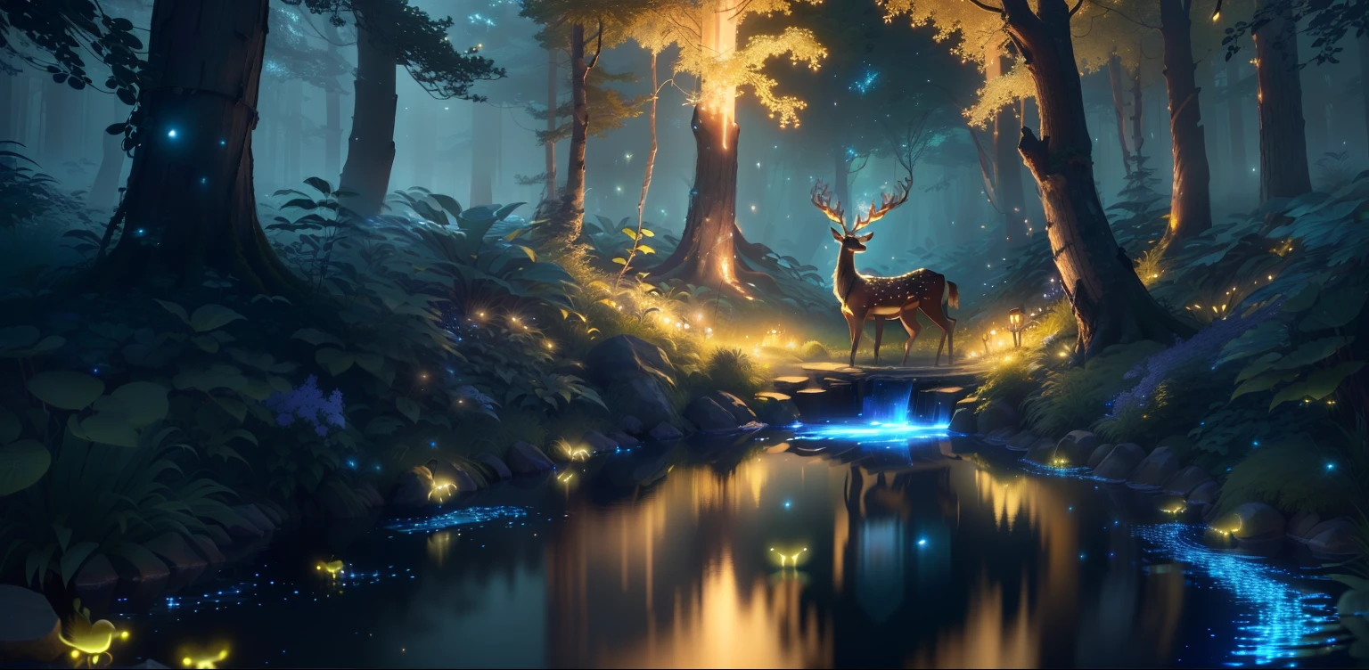 Masterpiece, best quality, (very detailed CG unity 8k wallpaper), (best quality), (best illustration), (best shadows), glow sprite, with a glowing deer, in a pool Drinking water, natural elements in the forest theme. Mysterious forest, beautiful forest, nature, surrounded by flowers, delicate leaves and branches surrounded by fireflies (natural elements), (jungle theme), (leaves), (twigs), (fireflies), (particle effects), etc. 3D, Octane rendering, ray tracing, ultra-detailed
