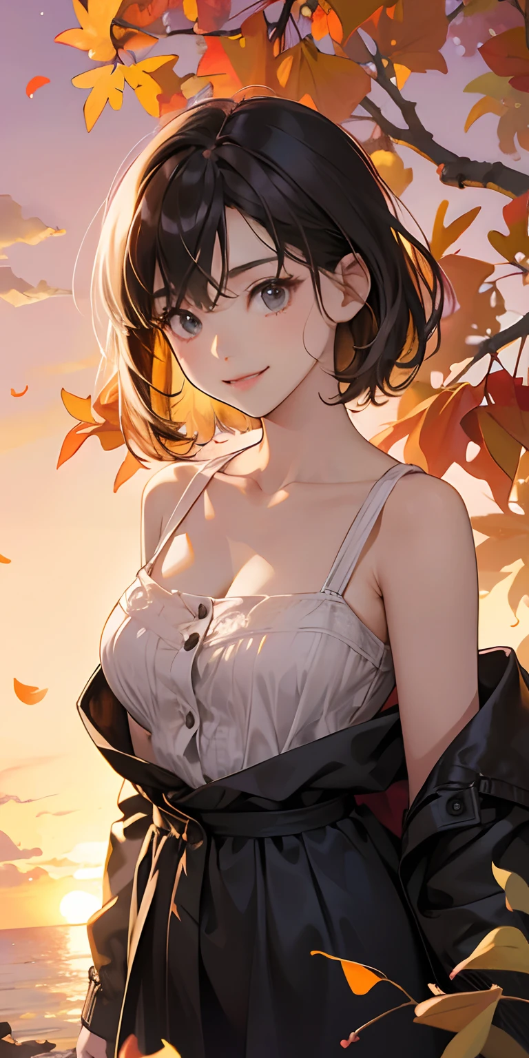 realisticlying、10 years old female child、Outdoor Fashion、Thigh emphasis gingko tree、Beautiful autumn leaves、Slightly larger breasts with an emphasis on cleavage、Versatile sexy poses、The sky turns red at sunset、Face smile