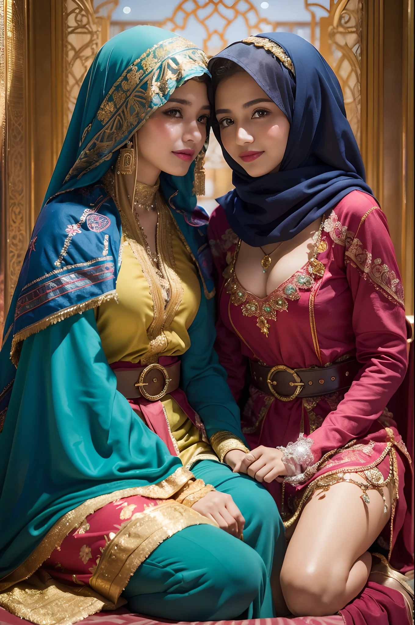 2 Arab girl on a rainy night,Front lens,Arab palace background ,(Close-up Shot Shot:1.6),best qualtiy,f / 1 HD photography T bokeh,Depth of field macro