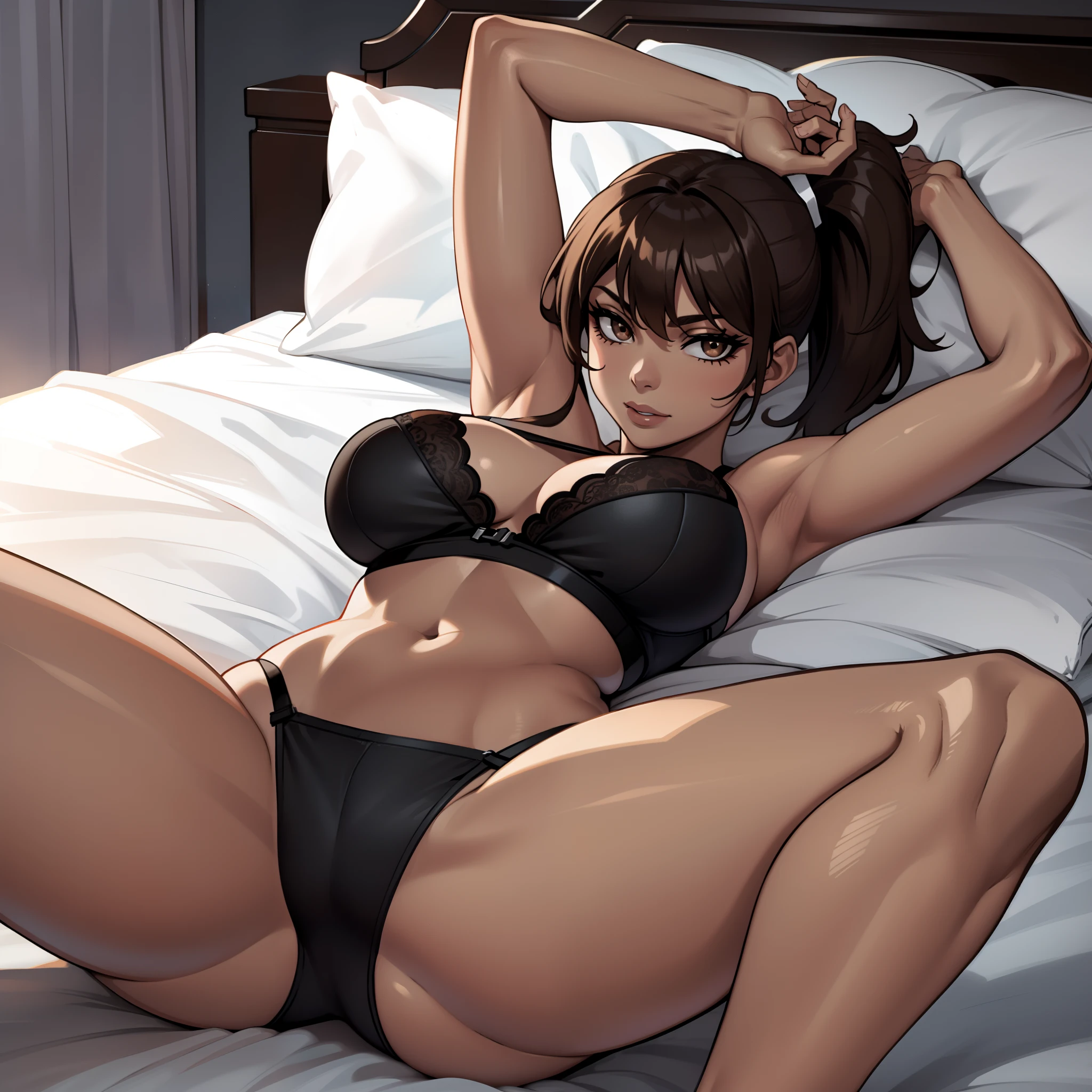 Female laying on her back in bed, has brown ponytail haircut, wearing black bra, wearing black thong, has brown eyes, solo, alone, (SOLO)(ALONE), legs spread open (On her back)(Laying on back)(Large Breasts)