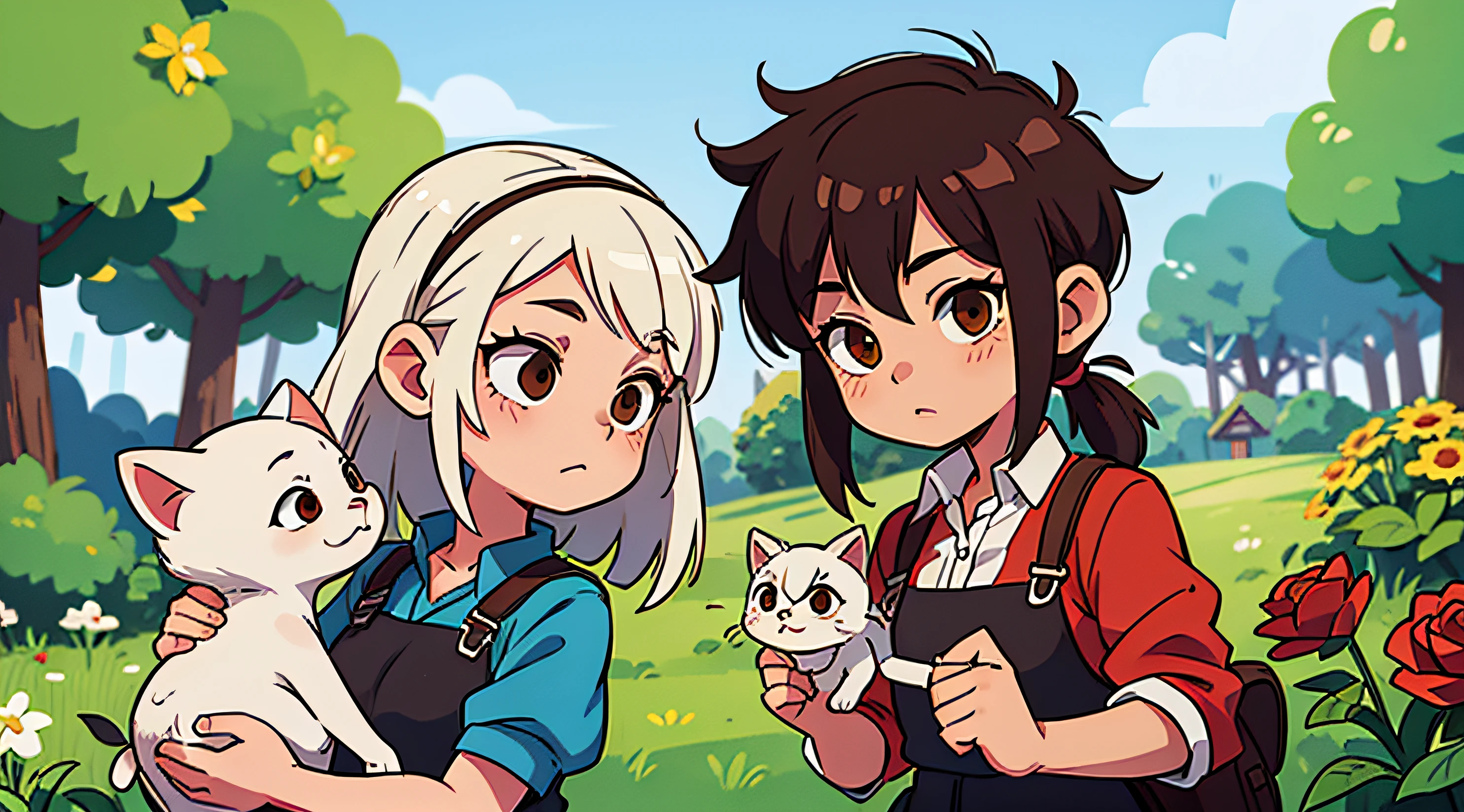 Girl with white hair holding roses. Girl with brown hair and holding a kitten. A park