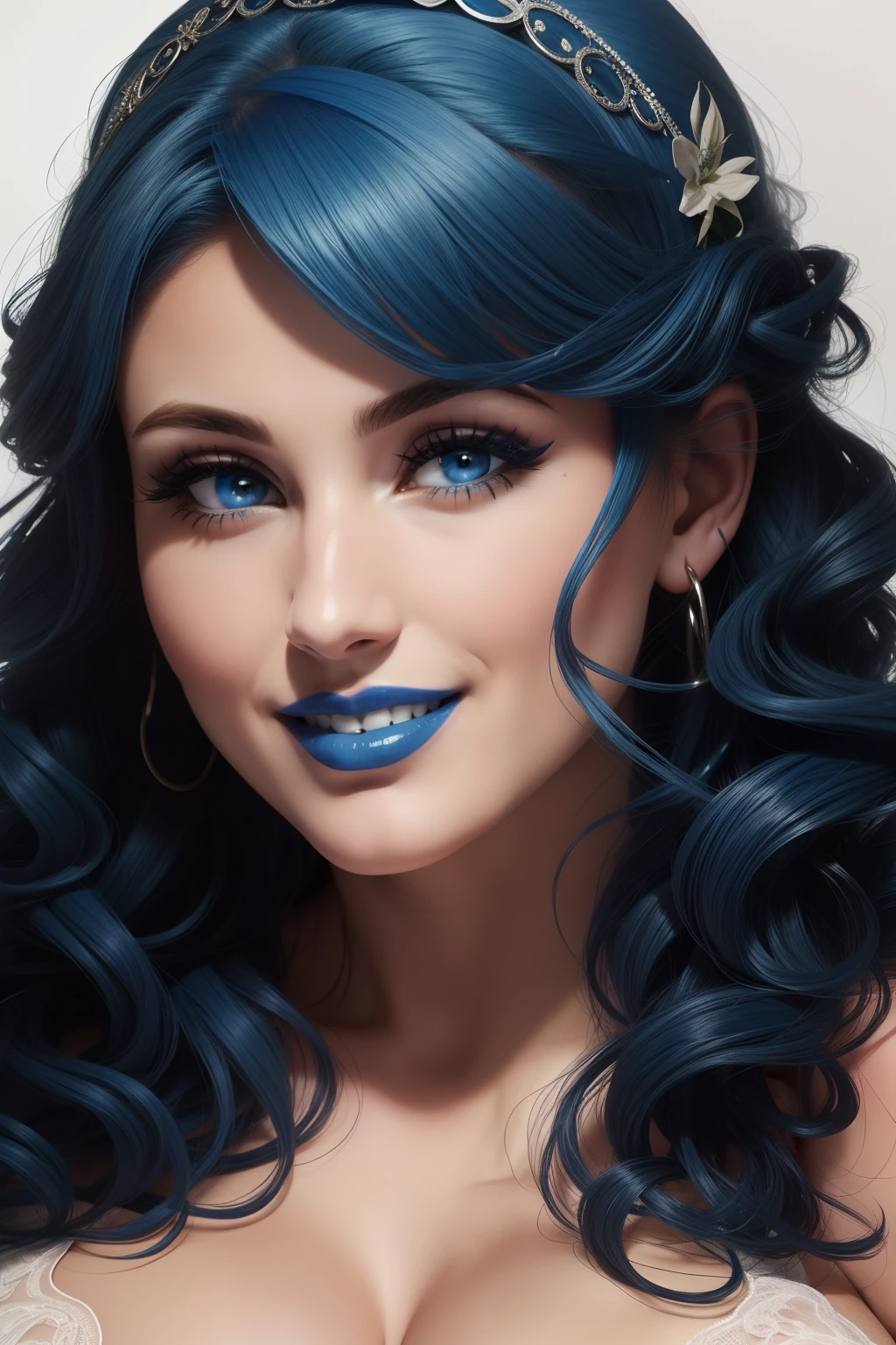 lucy pinder, face portrait, smiling, blue hair, curly hair, bride, blue lipstick