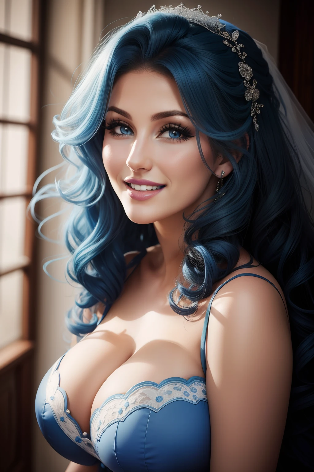 lucy pinder, face portrait, smiling, blue hair, curly hair, bride, blue lipstick