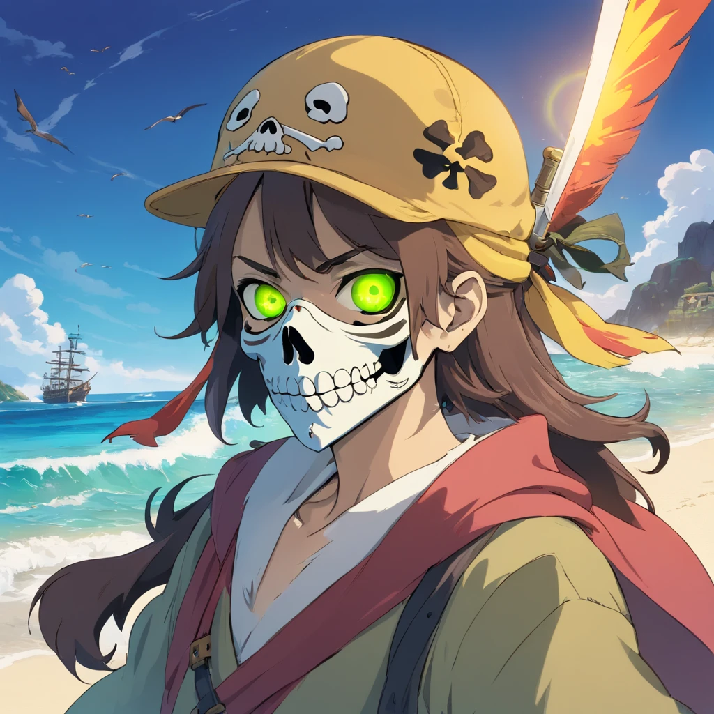 skull mask, skull PFP image, skull pirate, skull pirate hat, background with the sea, vibrant colors, golden accessories, glowing eyes (blue, brown, black, green), vibrant body and face colors (black, white, yellow, brown, gold), skull face with many skull tattoos, centralized character, looking forward with an skull evil face.
