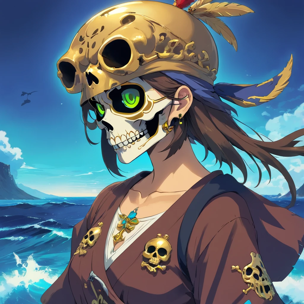 skull mask, skull PFP image, skull pirate, skull pirate hat, background with the sea, vibrant colors, golden accessories, glowing eyes (blue, brown, black, green), vibrant body and face colors (black, white, yellow, brown, gold), skull face with many skull tattoos, centralized character, looking forward with an skull evil face.