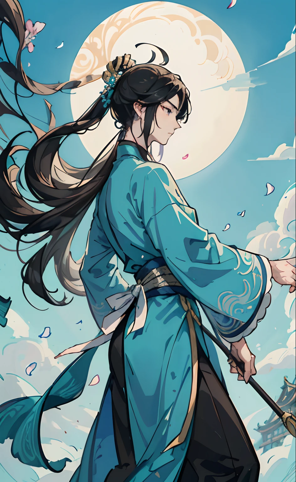 Mature boy, turquoise eyes, black hair color, floating hair, delicate and flexible eyes,perfect hands, intricate damask hanfu, side view, fov, f/1.8, masterpiece, ancient Chinese architecture, blue sky, flower petals flying, front portrait shot, Chang'e, side lighting, sunlight on people, 8K