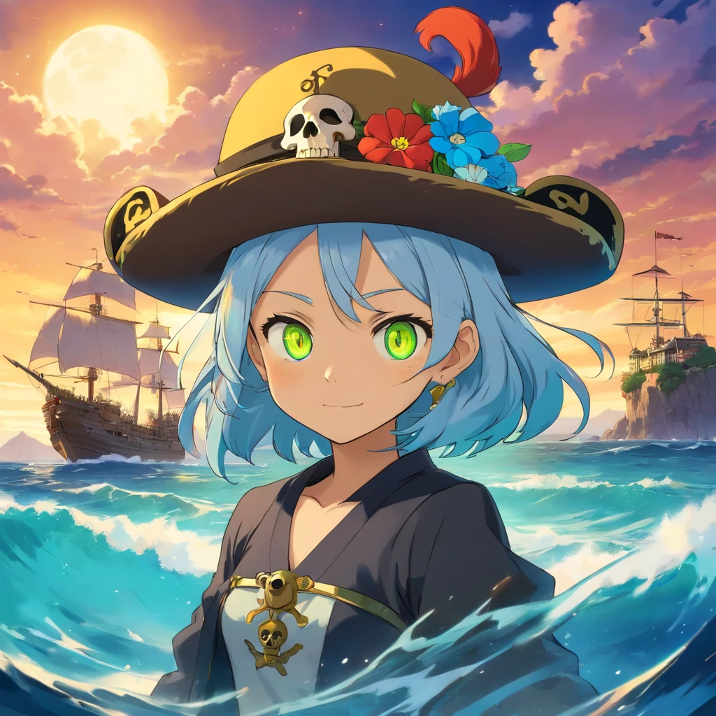 skull, skull PFP image, skull pirate, skull pirate hat, background with the sea, vibrant colors, golden accessories, glowing eyes (blue, brown, black, green), vibrant body and face colors (black, white, yellow, brown, gold), skull face with many skull tattoos, centralized character, looking forward with an skull evil face