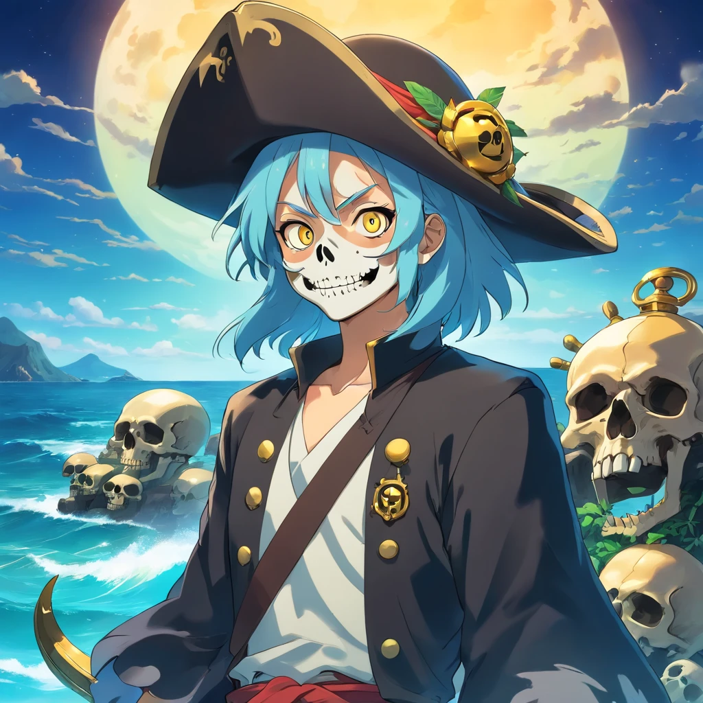 skull, skull PFP image, skull pirate, skull pirate hat, background with the sea, vibrant colors, golden accessories, glowing eyes (blue, brown, black, green), vibrant body and face colors (black, white, yellow, brown, gold), skull face with many skull tattoos, centralized character, looking forward with an skull evil face