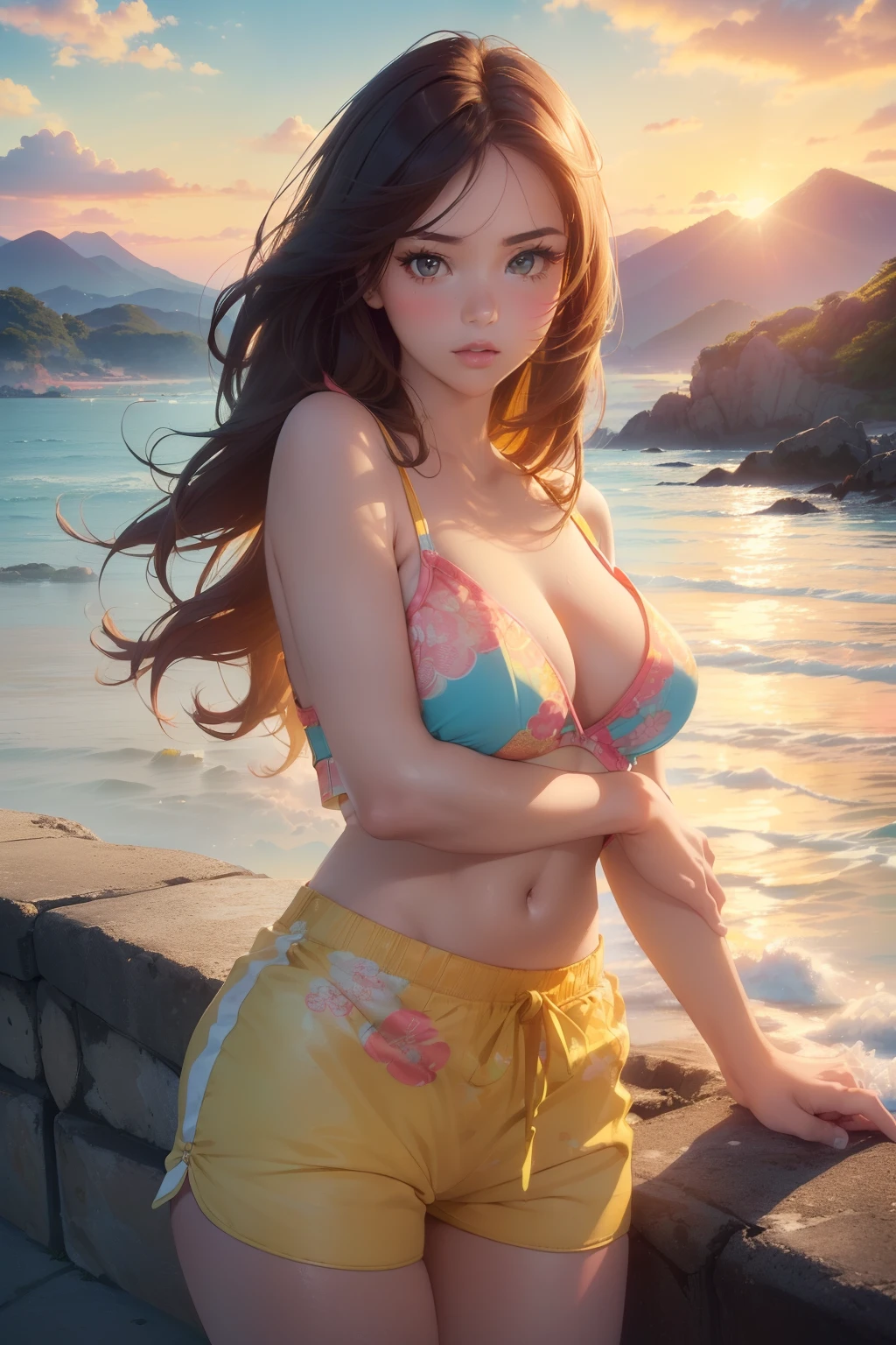 ((masterpiece, best quality, cinematic, photorealistic, ultra-detailed)), ((close-up shot)), ((alluring girl)), ((voluptuous body, perfect anatomy, sexy body)), ((glossy red skin, hot and sexy)), ((perfect hands)), ((large breasts)), ((long round legs)), ((detailed and shiny hair, dark brown hair color, wavy hairstyle)), ((wearing sando, in sunny yellow with white stripes color:1.2)), ((wearing pekpek shorts, in turquoise blue with coral pink floral patterns:1.3)), ((sensual pose:1.4)), ((seaside, sunset, mountains, clouds))