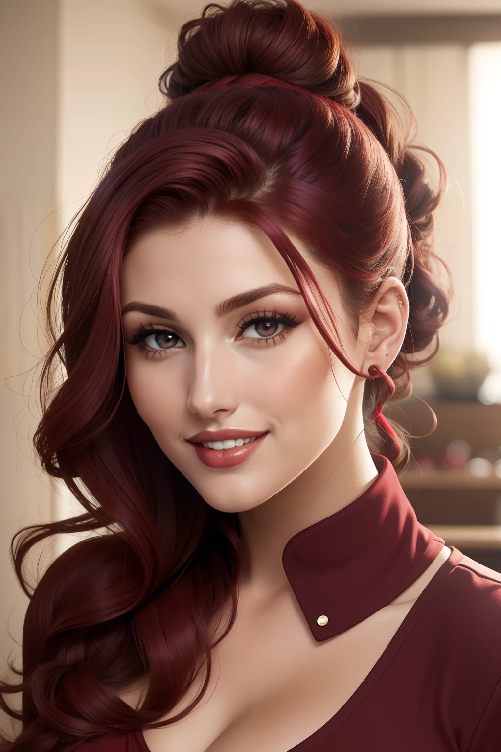lucy pinder, face portrait, smiling, maroon hair, curly hair, hair tied in a chignon, girlfriend, red lipstick