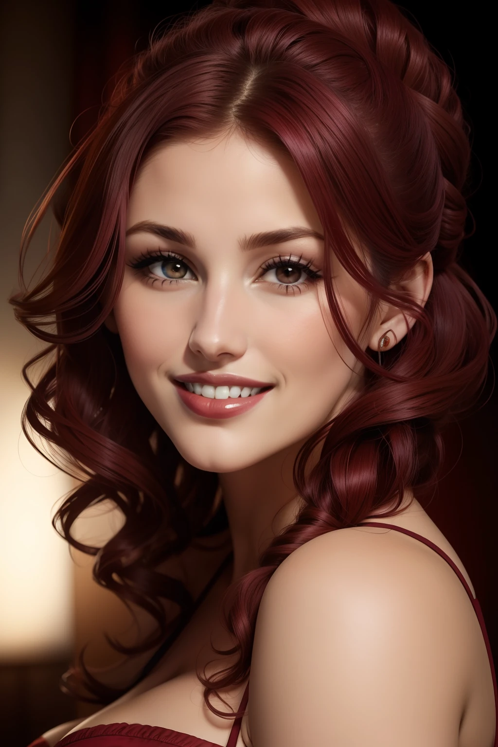 lucy pinder, face portrait, curly hair, red hair, red lipstick, smiling, Bride