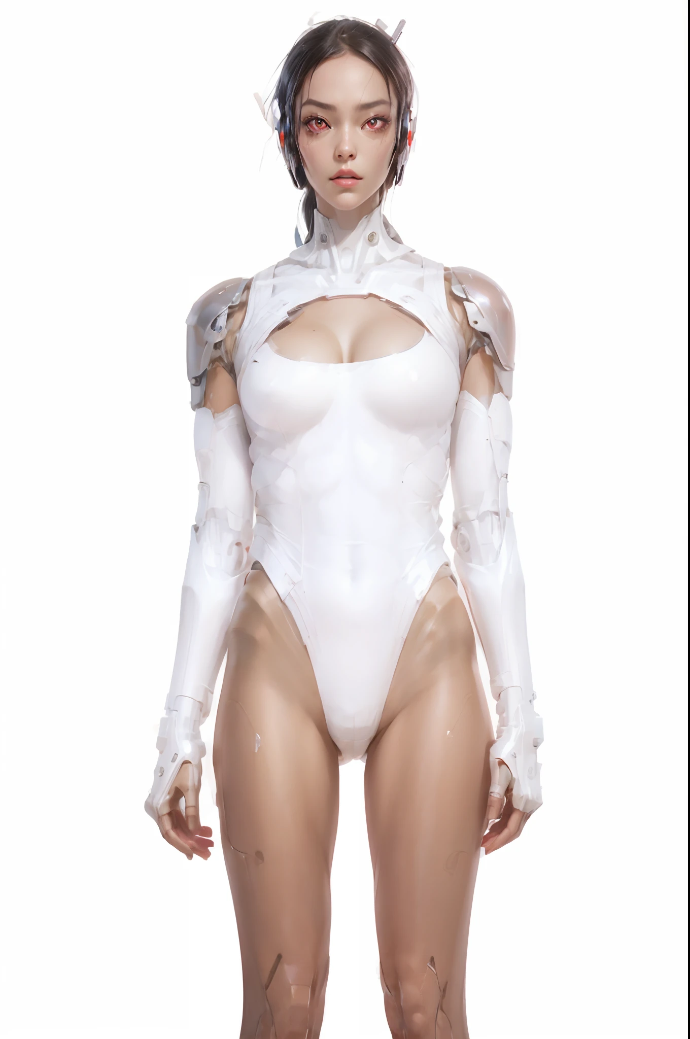 Cyborg woman wearing a futuristic leotard, perfect body, robot parts, red eyes, perfect face, cyberpunk aesthetic, ultra detailed, photorealistic, masterpiece.