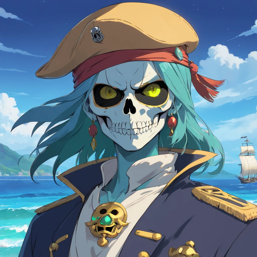skull face, skull PFP image, skull pirate, skull pirate hat, background with the sea, vibrant colors, golden accessories, glowing eyes (blue, brown, black, green), vibrant body and face colors (black, white, yellow, brown, gold), skull face with many skull tattoos, centralized character, looking forward with an skull evil face.