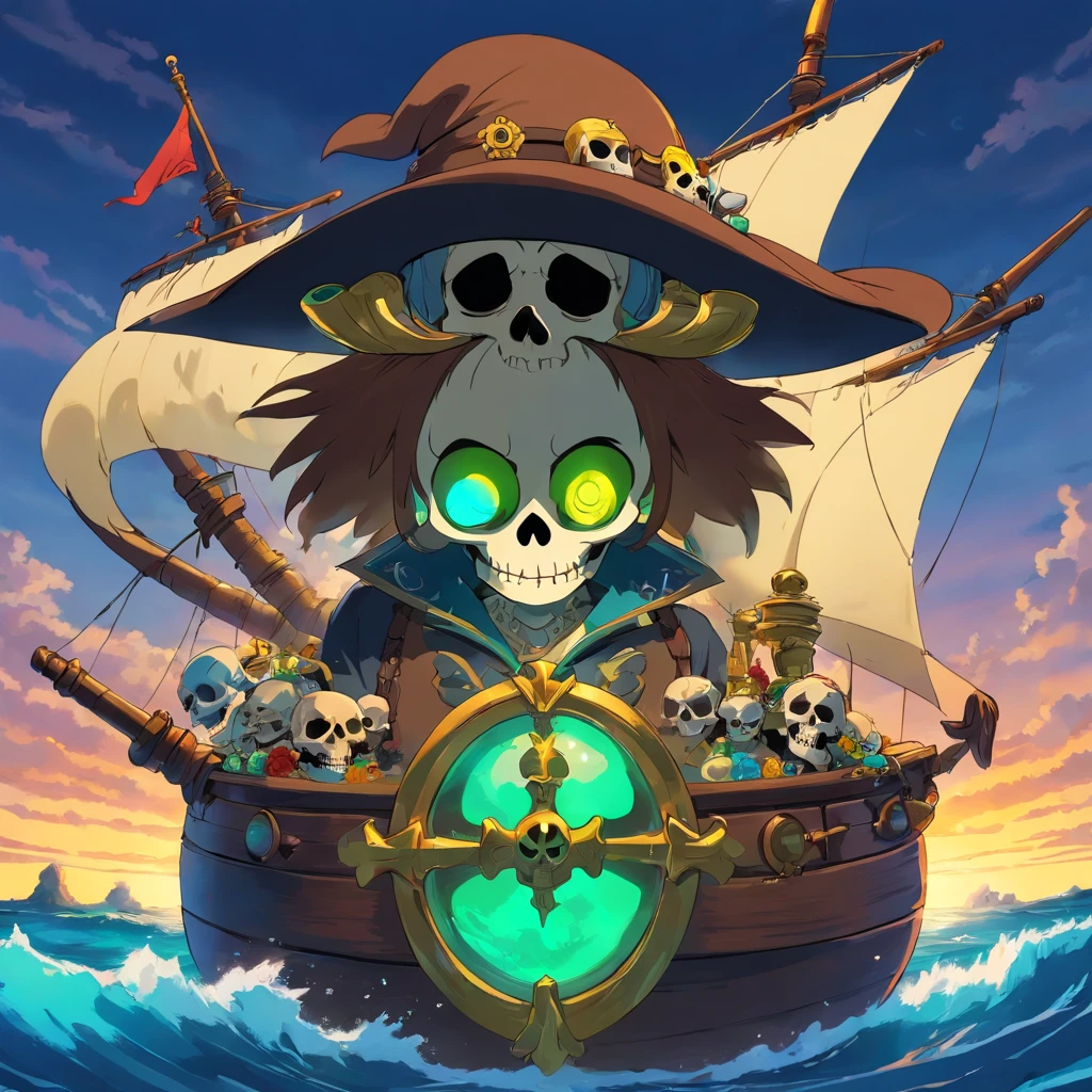 skull face, skull PFP image, skull pirate, skull pirate hat, background with the sea, vibrant colors, golden accessories, glowing eyes (blue, brown, black, green), vibrant body and face colors (black, white, yellow, brown, gold), skull face with many skull tattoos, centralized character, looking forward with an skull evil face.