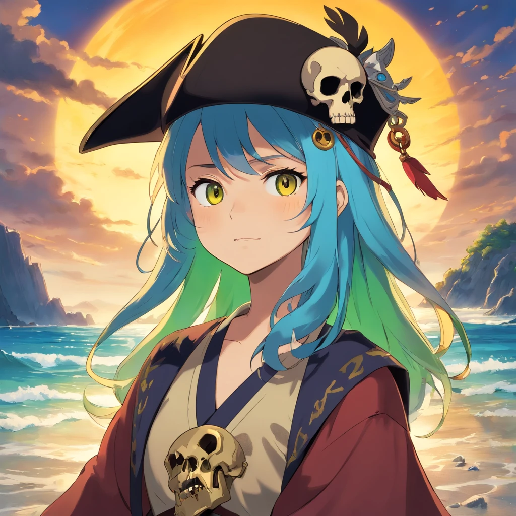 skull face, skull PFP image, skull pirate, skull pirate hat, background with the sea, vibrant colors, golden accessories, glowing eyes (blue, brown, black, green), vibrant body and face colors (black, white, yellow, brown, gold), skull face with many skull tattoos, centralized character, looking forward with an skull evil face.