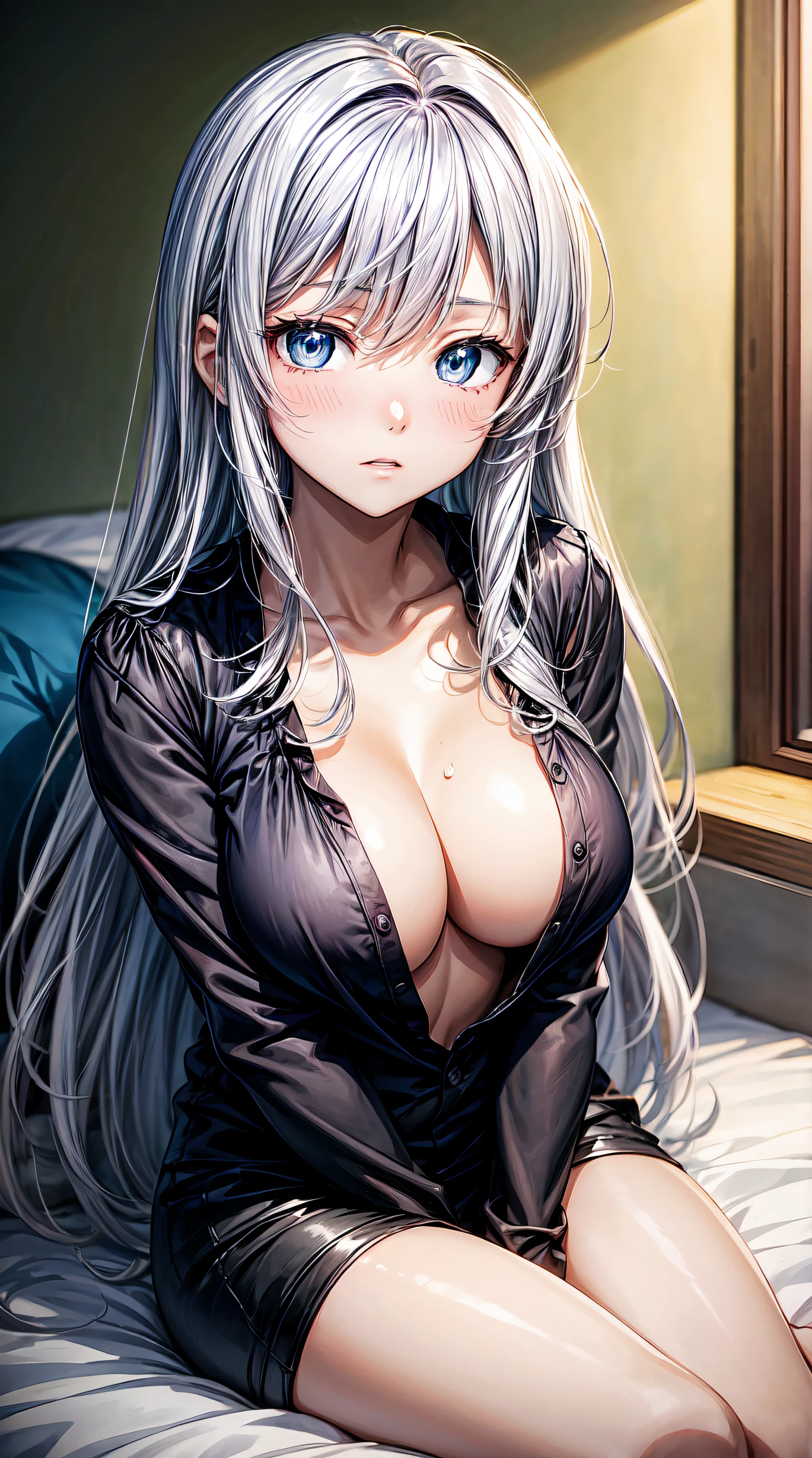 Yukino, in bed, silver hair and  blue eyes, black shirt and no bra, anime visual of a cute girl, screenshot from the anime film, & her expression is solemn, in the anime film, in an anime, anime visual of a young woman, she has a cute expressive face, still from anime, big breast, red cheek, lustful face