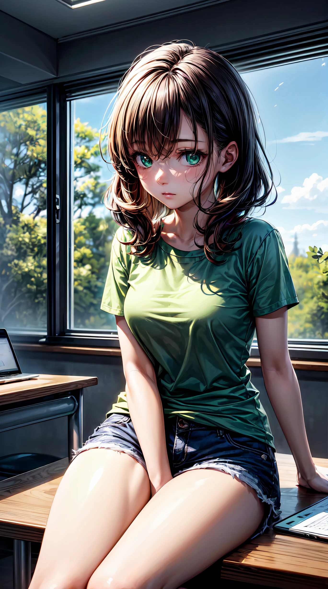 ((1girl,solo))absurdres, highres, ultra detailed, (1girl:1.3), (disheveled hair,beautiful detailed eyes,shiny oily skin:1.1),(green eyes)
 study room
Quiet music is playing in a dark room
various writing tools and electronic devices
Wearing shorts and a t-shirt
The girl is lying in bed and sleeping