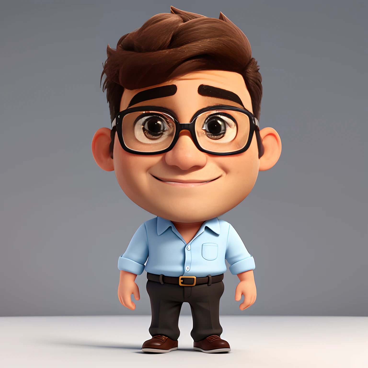 Bonito pequeno investidor masculino de 38 anos de idade, huge head, tiro cabelo undercut, wearing thin-framed glasses of round gold, olhos altamente detalhados, front-faceing, ajuste, parece um chefe, whole body view, Highly detailed hands, figuras de brinquedo, melhor qualidade, desenhos animados 3d, whole body view, fantasia, sonho, surrealismo, super bonito, tendência na artstation Drawing of a man with a small beard, short hair in black, big head, big eyes in brown, with civil engineer's helmet in white, white man, fine strokes, fat, beautiful, beautiful, realistic, realistic cartoon.