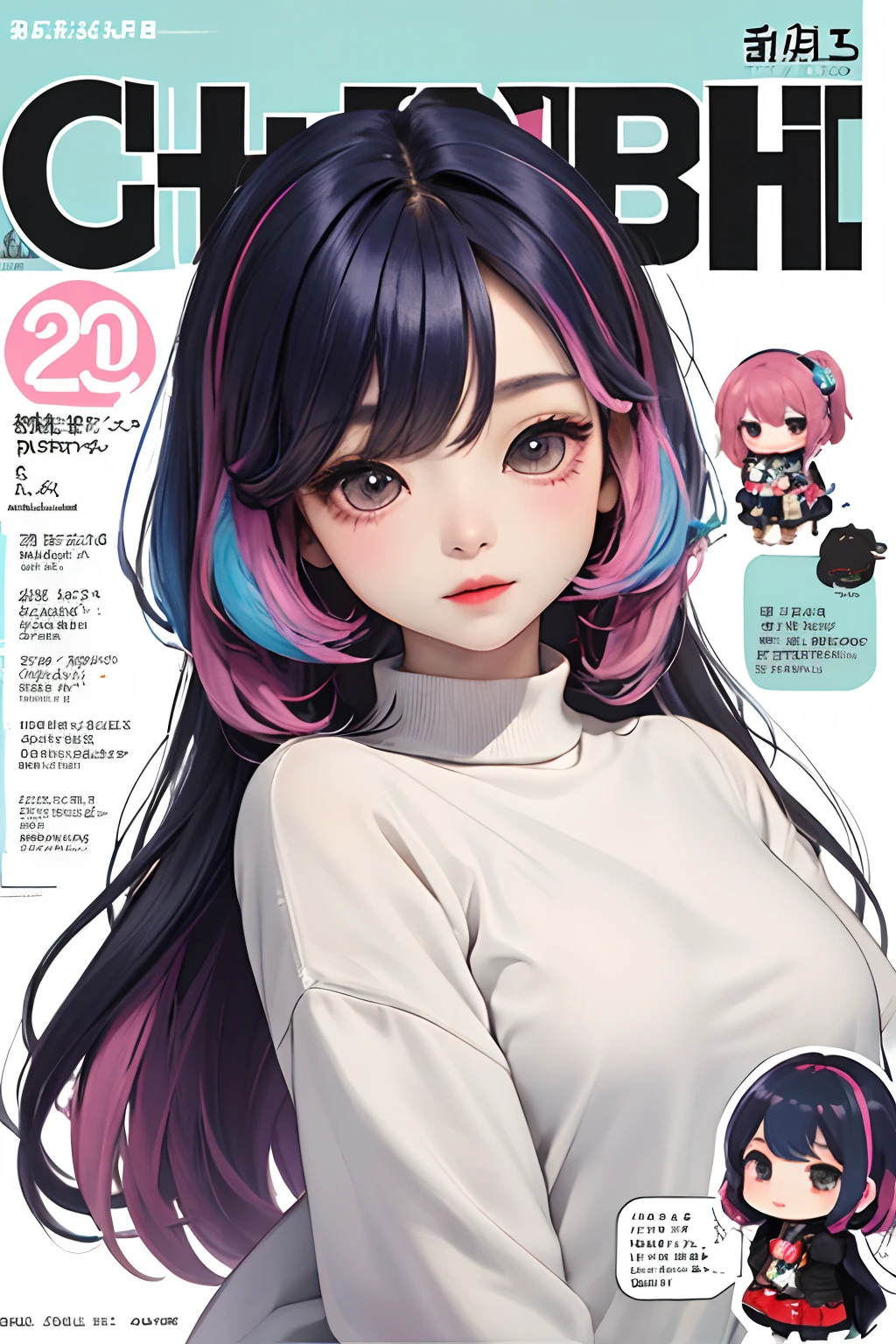 masterpiece、top-quality、ultra-detailliert、(Chibi Chara's Daughter:1.2)Winter clothes、colourful hair、plein air、Magazine covers、The upper part of the body