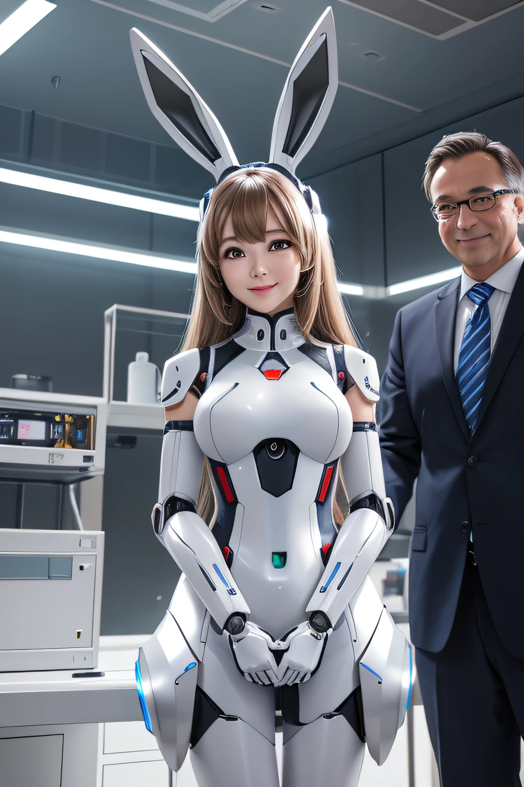 Man Remade into Bunny Girl Robot。Beautiful looking female bunny girl robot　Standing in a place like a laboratory、Next to him is a middle-aged man in a suit who turns him into a robot and is smiling.