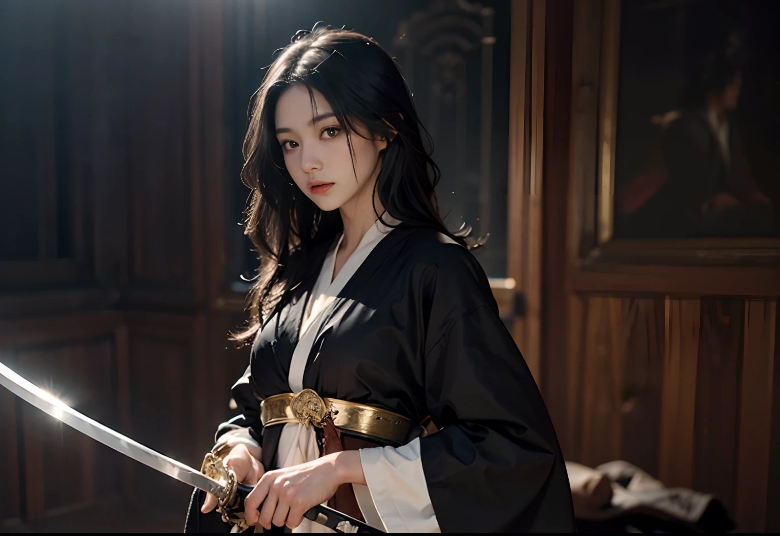 (Swordswoman, flowing black hair, flowing robes, very long sleeves, sword cutting bullet:1.5), speed effect, motion blur light leaks, hot colours, shiny skin
best quality, masterpiece, (photorealistic:1.4), beautiful and aesthetic, extremely detailed, colorful, highest detail, perfect face, HDR, perfect anatomy, light leaks, shiny skin, high quality, 1girl, 8k, 4k, RAW photo, reeds, battlefield background