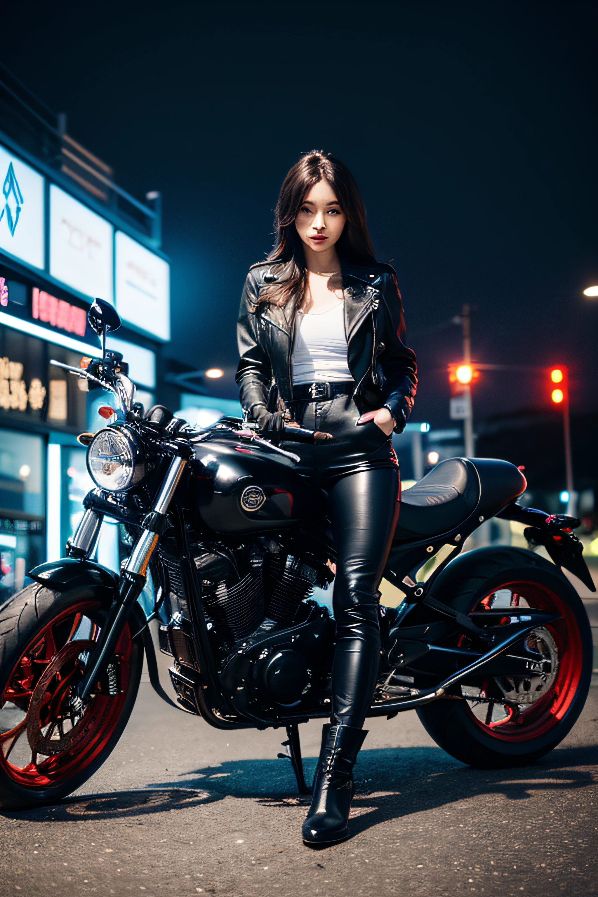 1girl, long wavy black hair, brown eyes, wearing black leather jacket, black leather long pants, black boots, city, motorcycle, high res, ultrasharp, 8K, masterpiece, looking at viewer, full body photo, red headgear, magnificent scene, epic scenes, holding a katana