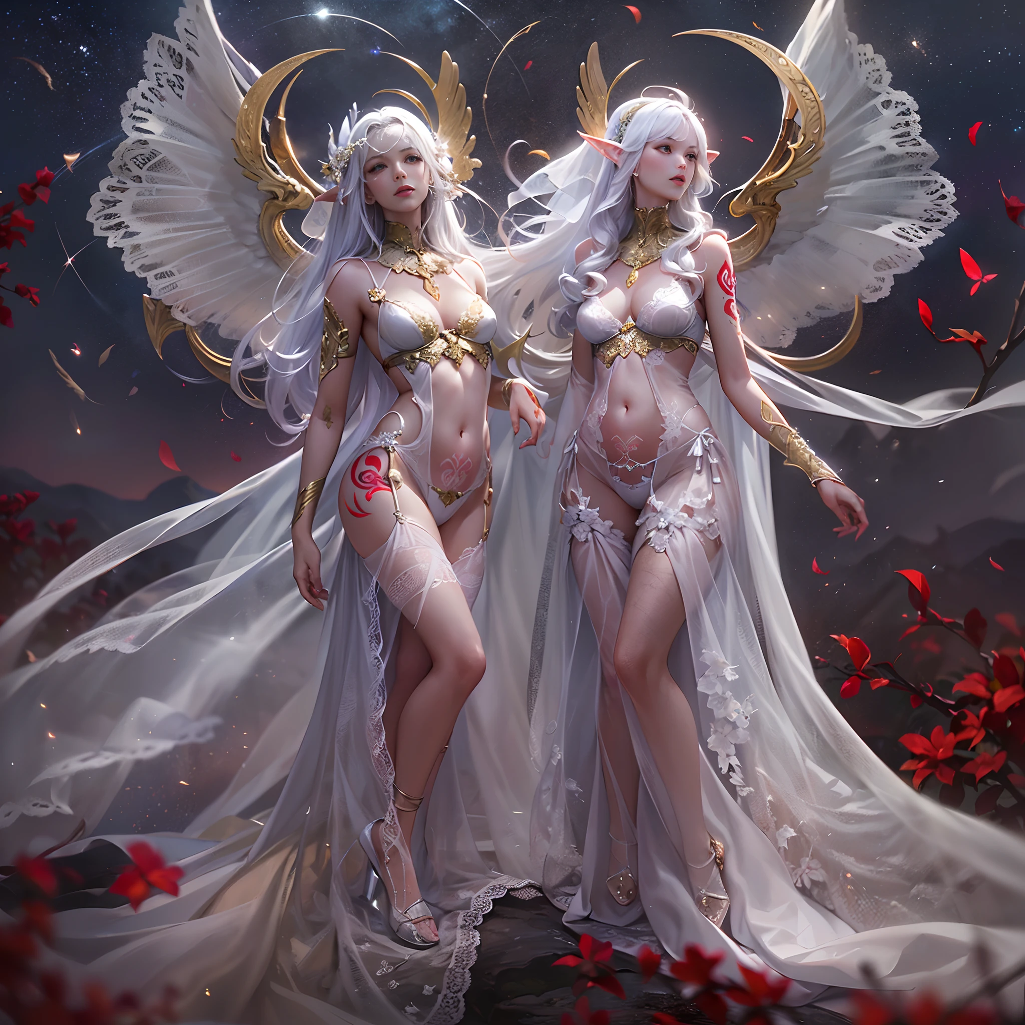 Sisters, Milky Way, Crescent Moon, Meteor Shower, Silver Hair, Feathered Angel Wings, Elven Ears, Transparent Finish, Realistic Body Lines, (((Many long white lace veils flutter in the wind))),((Red tattoo with womb under the navel))))), (Silk gold and silver lingerie), ((((Dirty crest)))